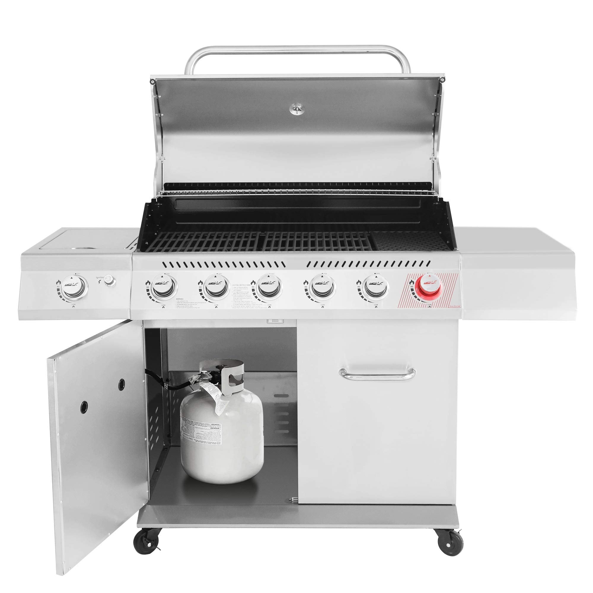 Royal Gourmet GA6402S Edelstahl-Gasgrill (Modelljahr 2025). Hochwertiger 6-Brenner-Propangasgrill mit Sear-Brenner und Seitenbrenner. 74.000 BTU. Schrankdesign. Outdoor-Grill. Silber.