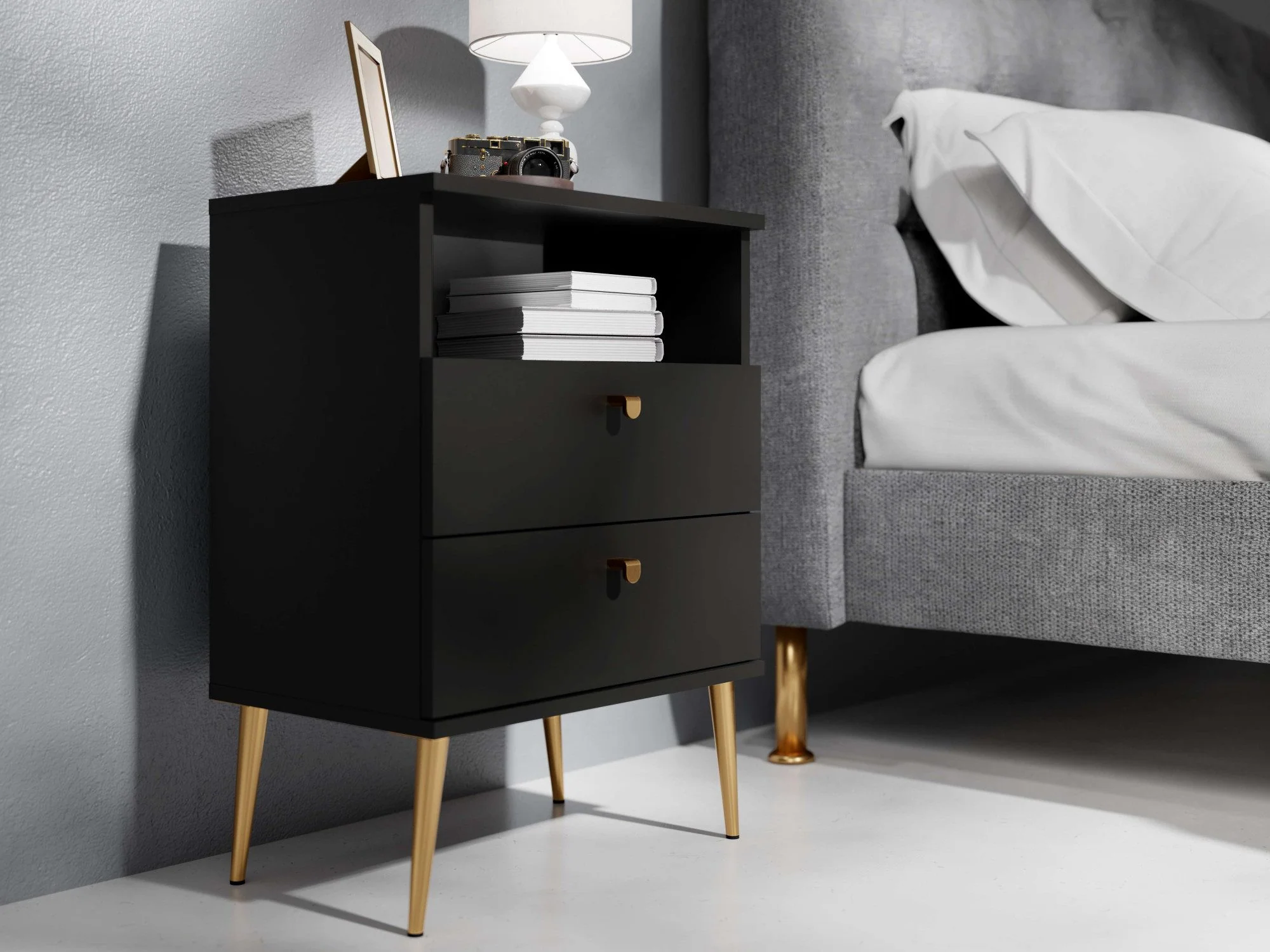 Nachttisch Elyria mit elegantem schwarzem Design und Metallgriffen – 50 cm