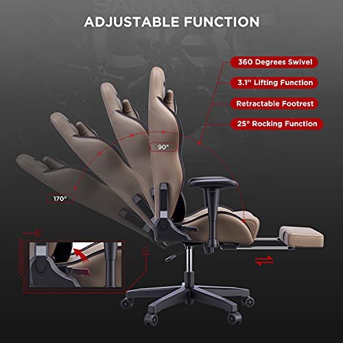 AutoFull Gaming-Schreibtisch- und Bürostuhl mit ergonomischer Lendenwirbelstütze, Rennstil, PU-Leder, verstellbarer Drehstuhl mit hoher Rückenlehne für PC