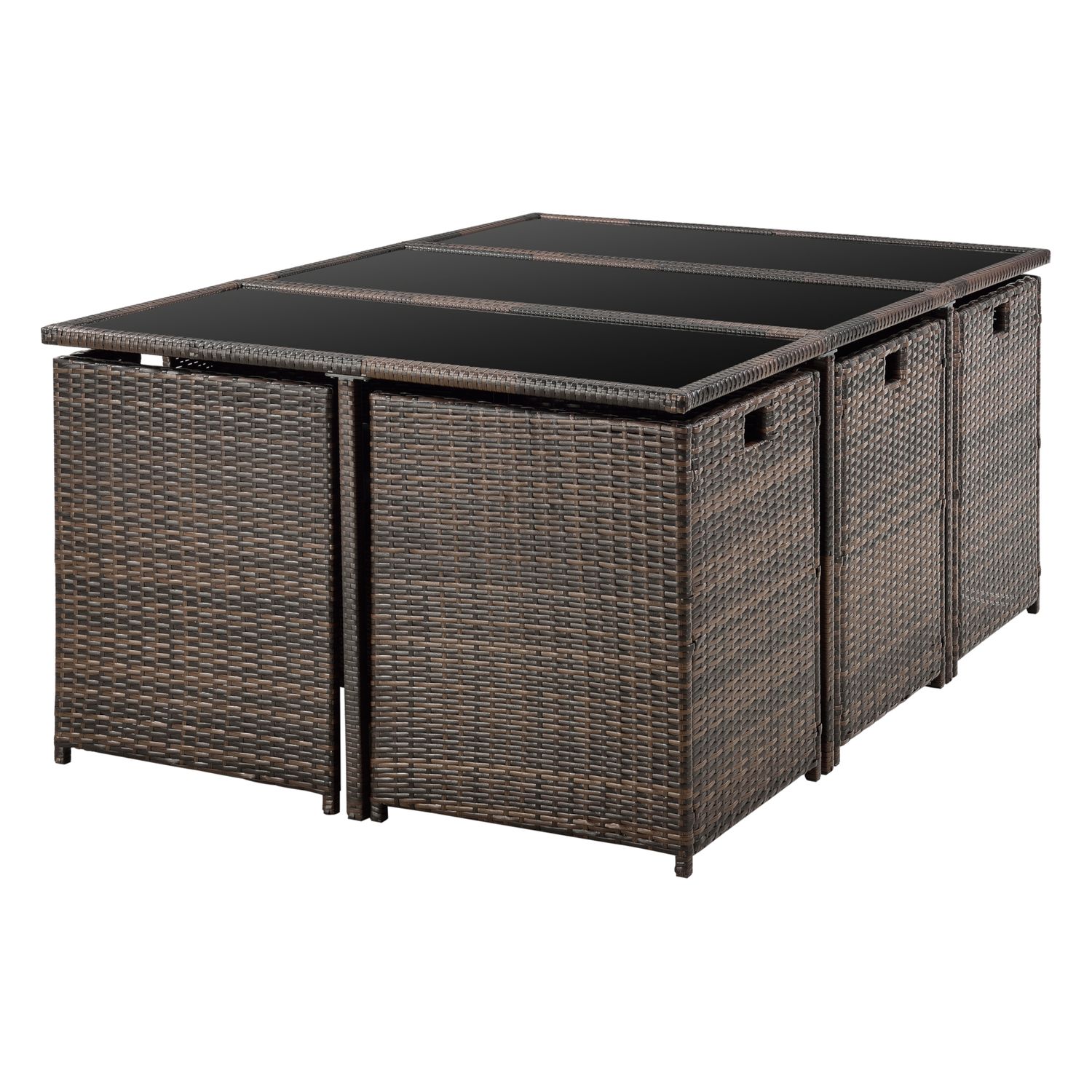 Salon de jardin Laredo - 11 pièces - Salon de jardin avec coussins - Terrasse - Patio - Lot de 6 fauteuils - 4 poufs - Table - Polyrotin - Marron Meler [en.casa]®