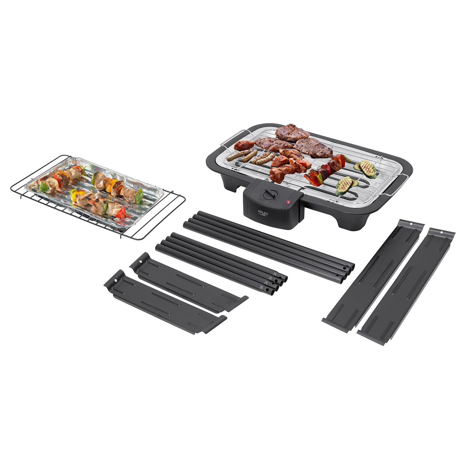 Elektrischer Grill mit Beinen, verchromtem Grillrost, Temperaturregelung, für drinnen und draußen, abnehmbar, schwarz, 2000 W, Adler AD 6602