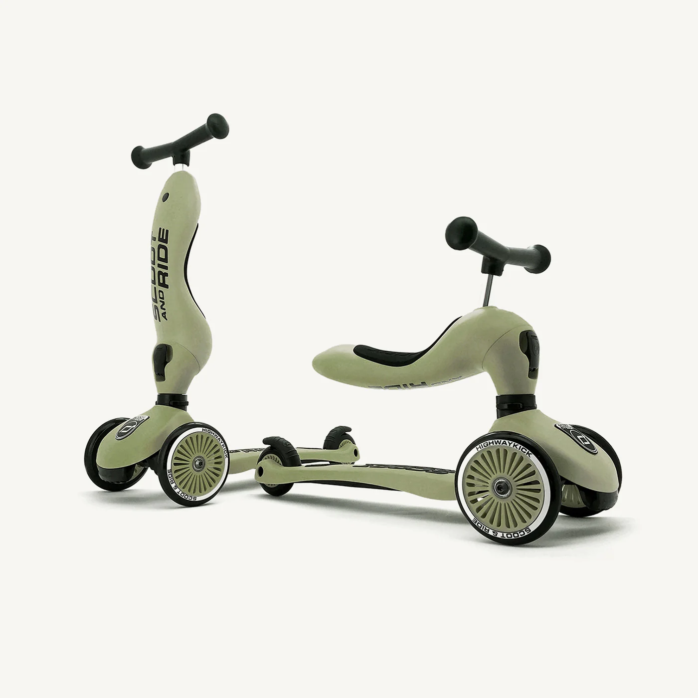 2025 Scoot and Ride 2-i-1 Pedalfri Cykel og Scooter – Highwaykick 1 – Oliven