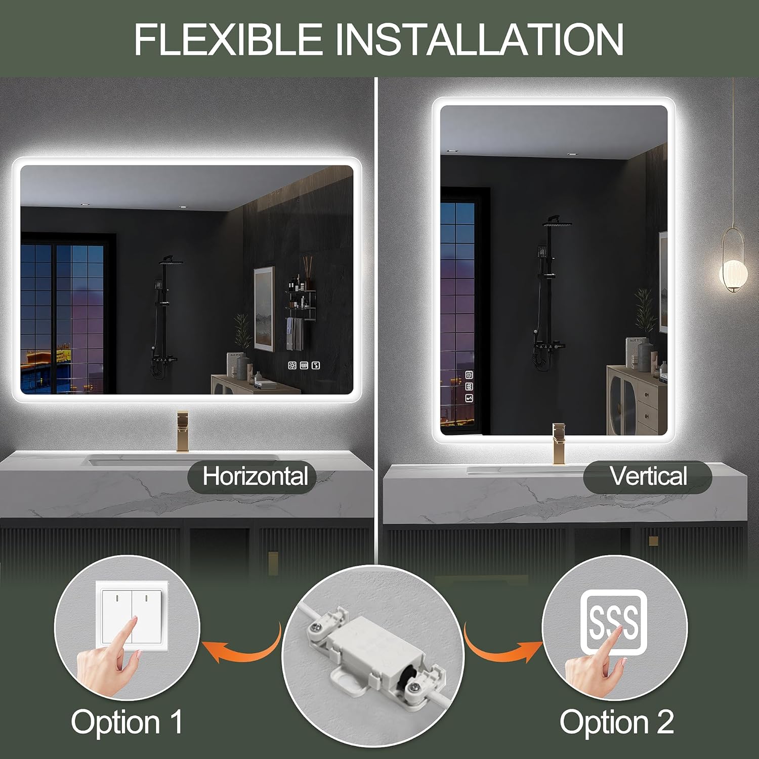 S'bagno badeværelsesspejl med lys 1200x700mm, IP44 - badeværelsesspejl med LED og Bluetooth, antidugfunktion / 3 lysfarver (3000K, 4000K, 6500K) / Dæmpbar / Memory, lodrette eller vandrette badeværelsesspejle med LED