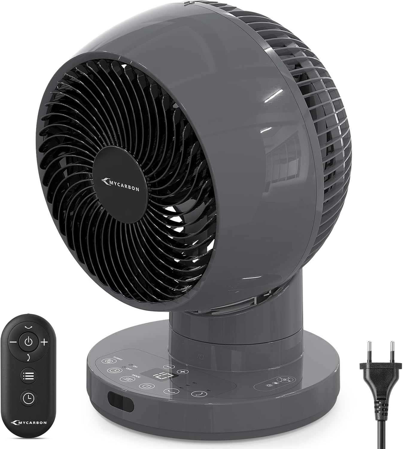 MYCARBON Lydløs Turbo Bordventilator 20dB, Kraftig DC Motor, 30°-60°-90° Oscillation, 11 Hastigheder, 12t Timer og Programmerbar Start, Med Fjernbetjening