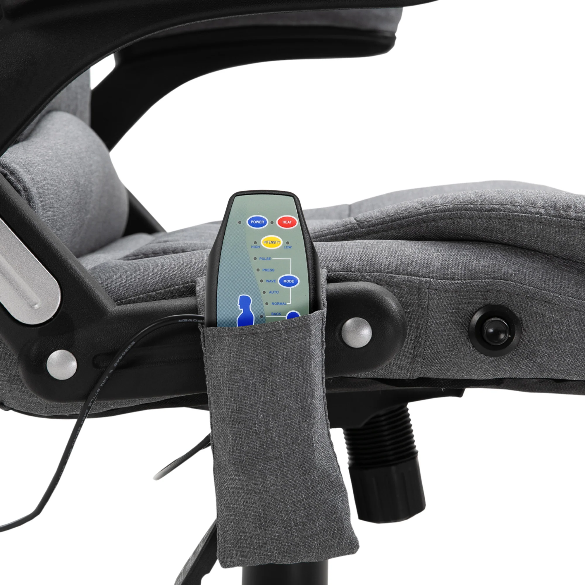 Ergonomischer Bürostuhl mit 6-Punkt-Massagefunktion und beheizter Rückenlehne. Bezug in Leinenoptik. Grau.