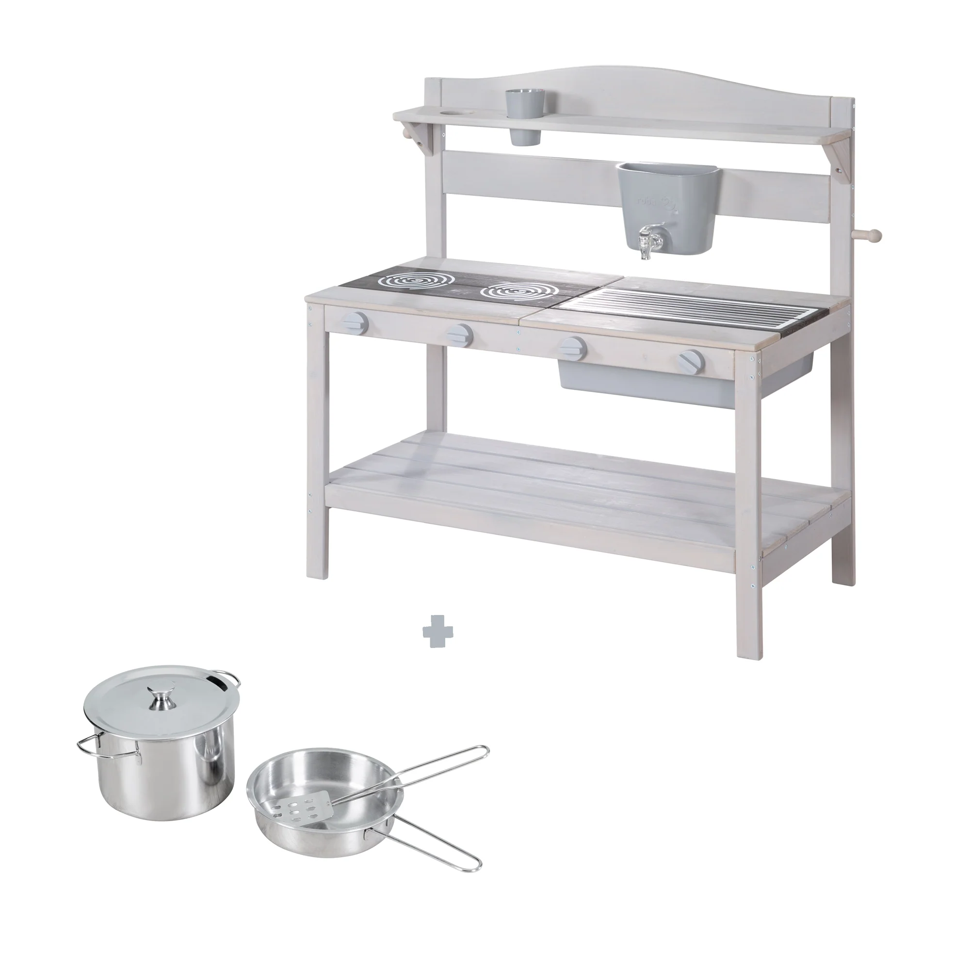 Lehmküche im Freien mit Zubehör – FSC-zertifiziertes Holz – gravierte graue Oberfläche