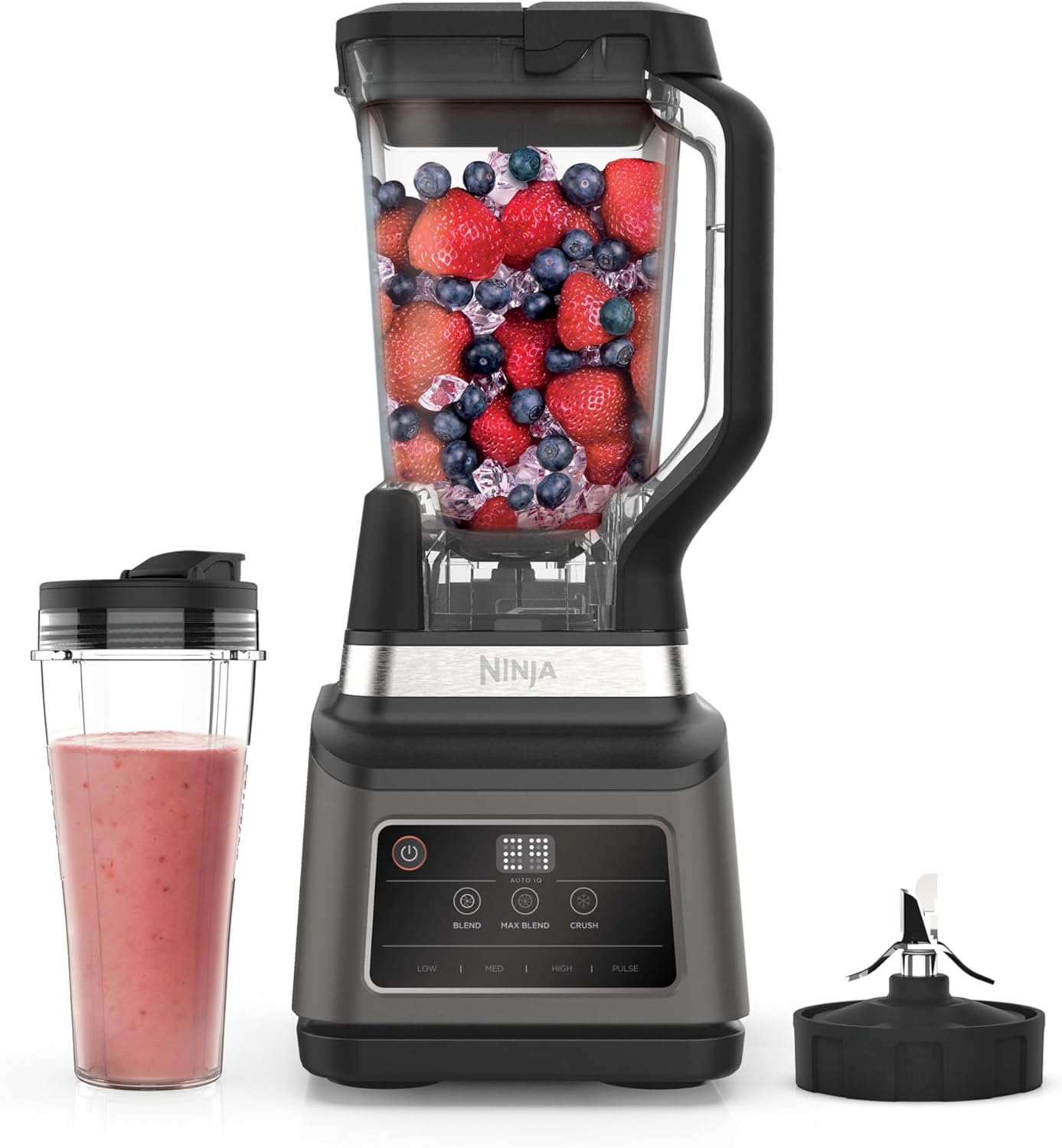 Ninja BN750EU 2-in-1-Standmixer – 1200 W, 3 Automatikprogramme, 4 manuelle Einstellungen, Auto-iQ-Technologie, 2,1-Liter-Behälter und 700-ml-Messbecher, spülmaschinenfeste Teile – Schwarz/Silber