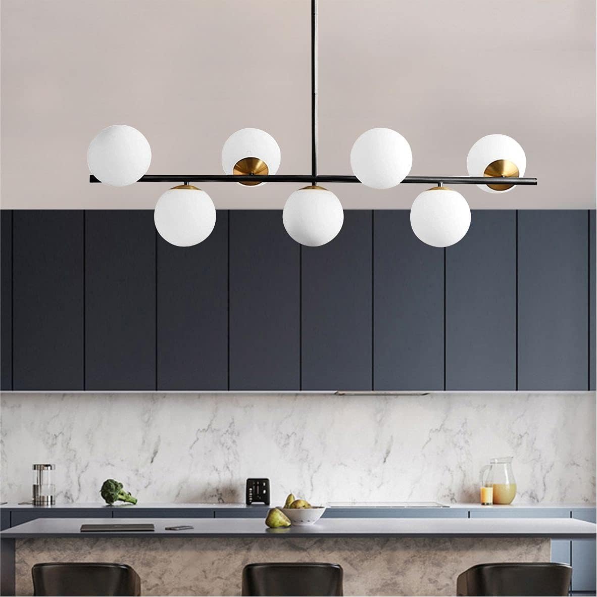 Moderne Esszimmerleuchte von KCO Lighting aus goldfarbenem Metall, Kücheninsel-Pendelleuchte aus weißem Glas, 7-flammig, E27, 80 cm höhenverstellbar