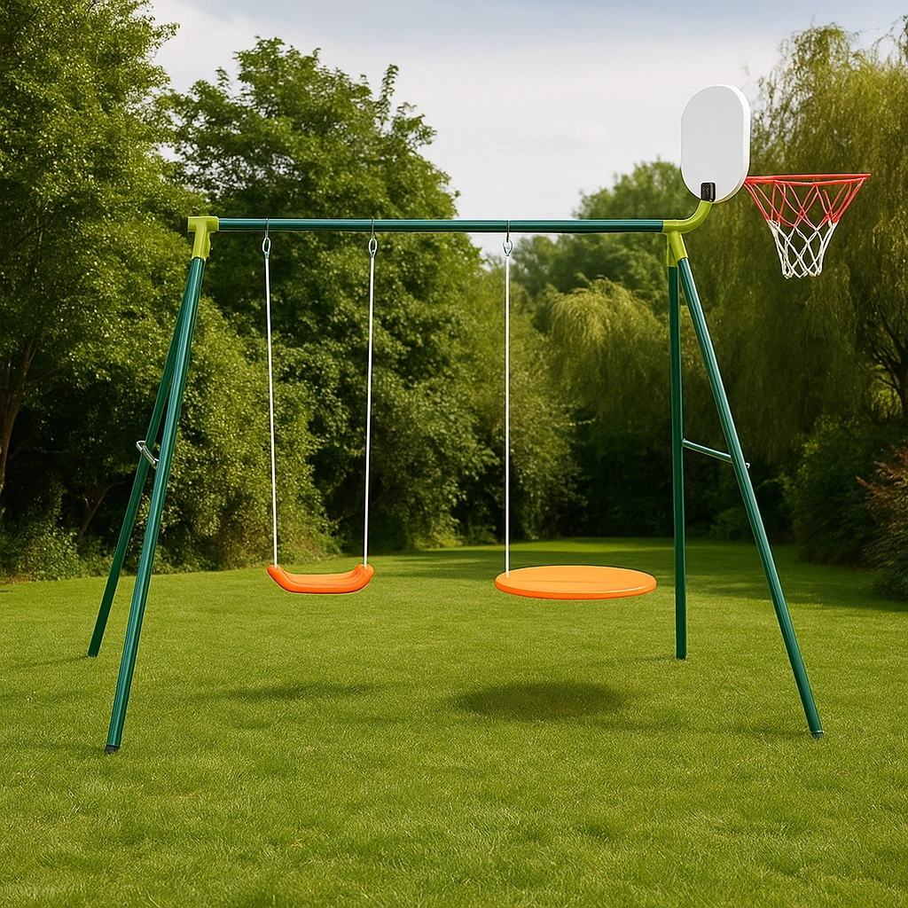 Balançoire avec panier de basket et deux sièges, orange/vert, pour l'extérieur, 220 x 160 x 210 cm - KoFpJyp192eU