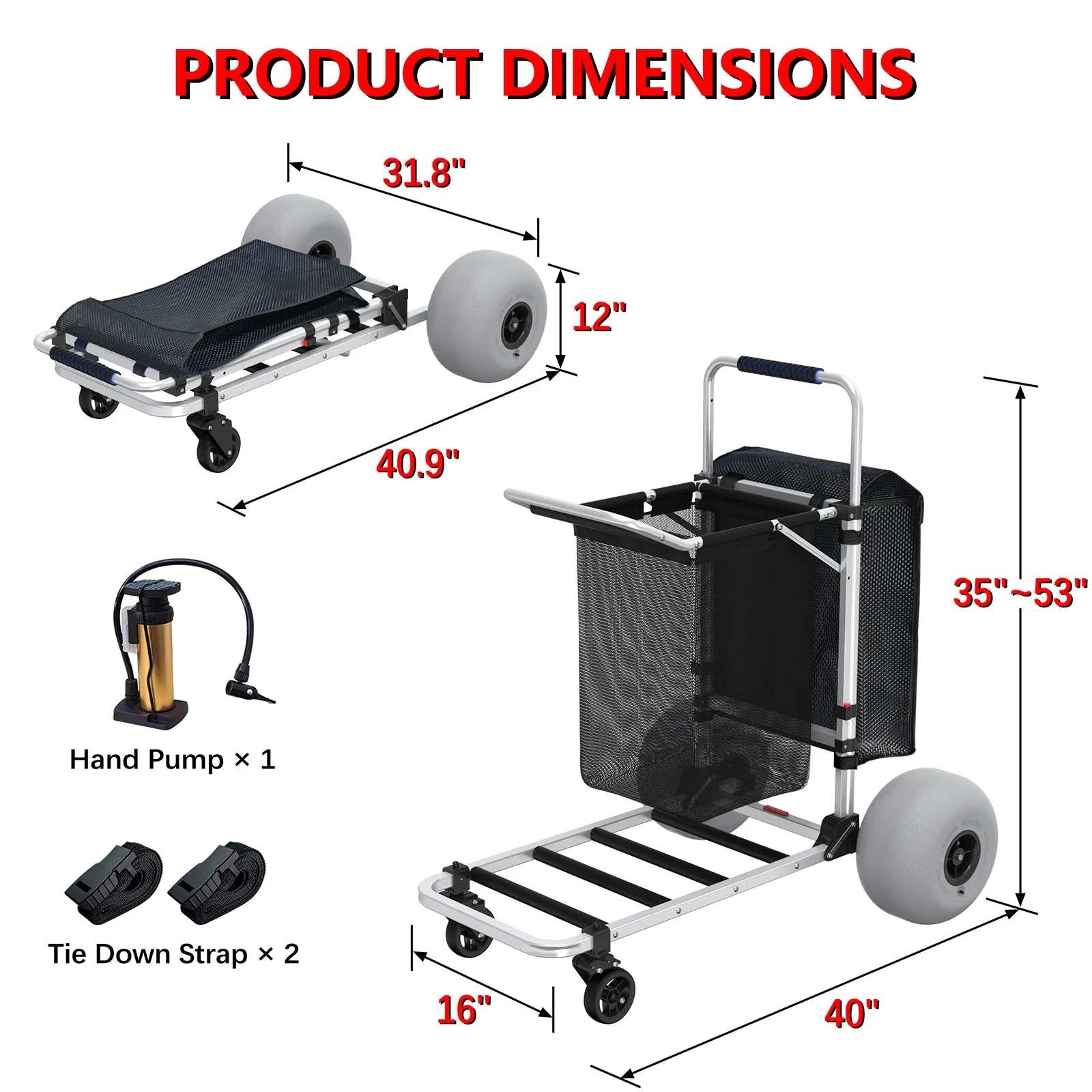 Chariot de plage pliable GDLF avec poignée réglable et roues ballons de 30 cm. Cadre robuste en aluminium - Charge maximale : 100 kg
