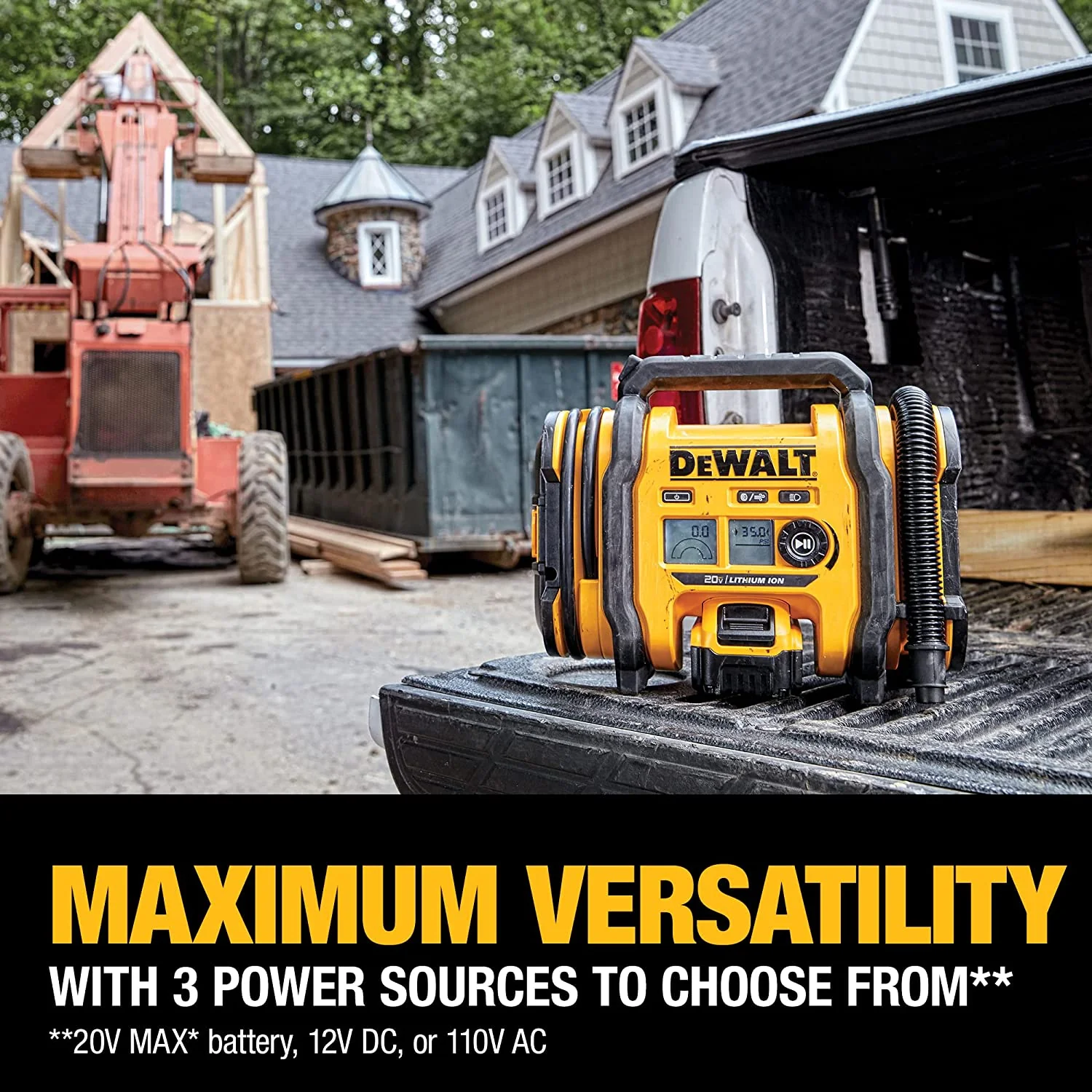 2025 Vare #0177 DEWALT 20V MAX Kompakt og bærbar dækkompressor. Automatisk slukning. LED-lys. Værktøj uden batteri eller oplader (DCC020IB)