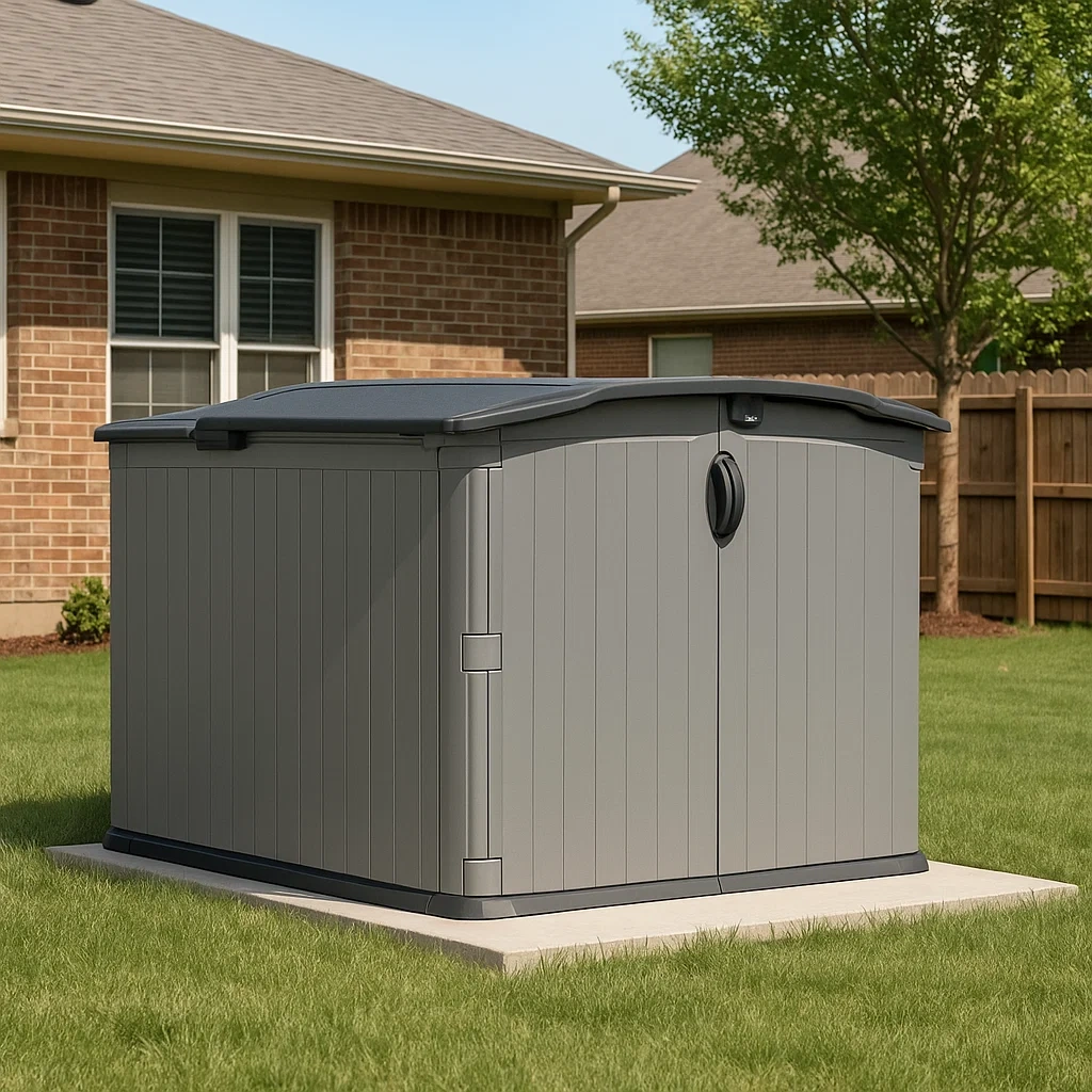 Abri de jardin gris en résine, pour le rangement extérieur, 146 x 203 x 132 cm