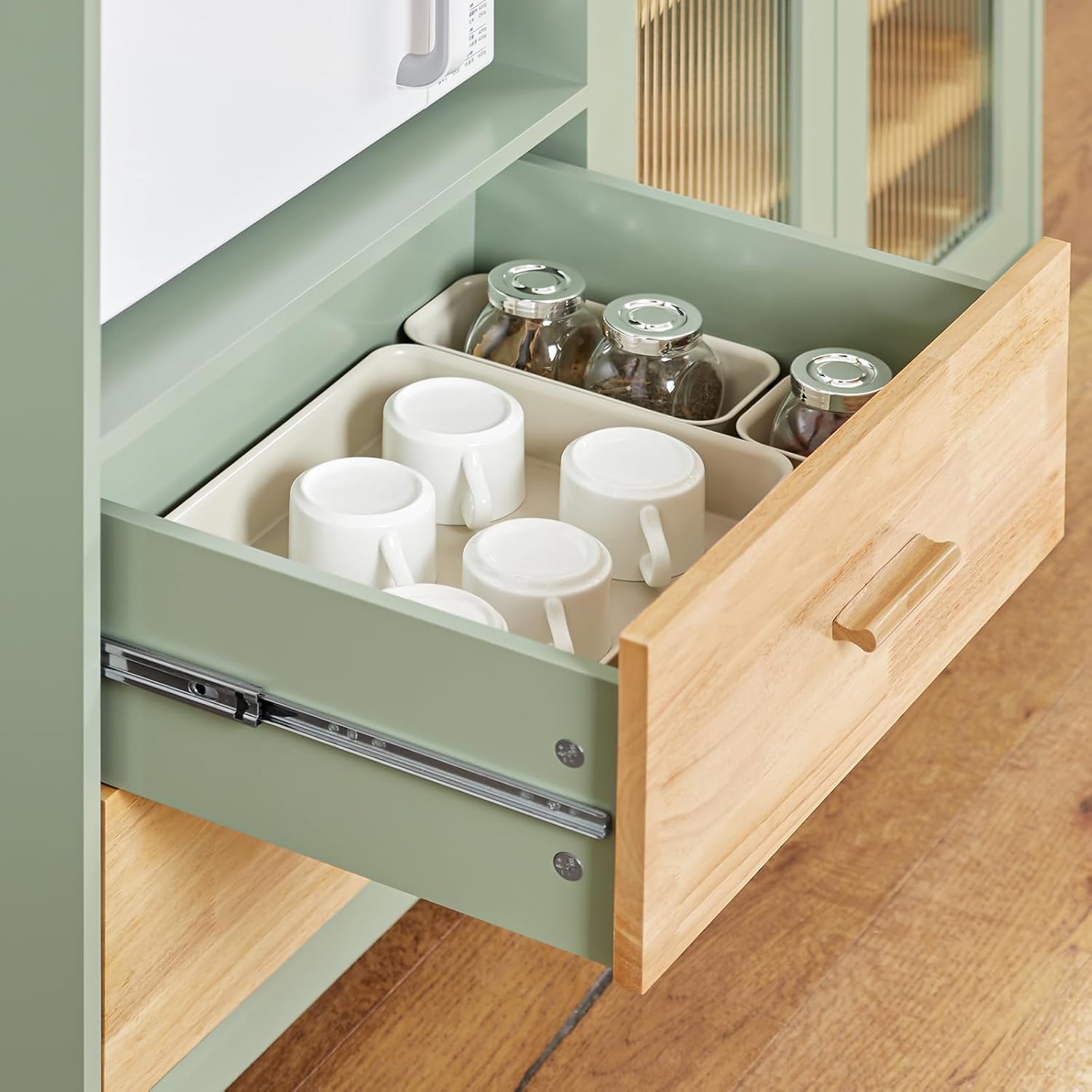 SoBuy FSB81-GR Küchenbuffet mit Mikrowellenfunktion für Esszimmer, Eingangsbereich und Wohnzimmer, mit 2 Türen, 2 Schubladen und 1 offenem Fach, Grün, 120 x 40 x 90 cm, EN