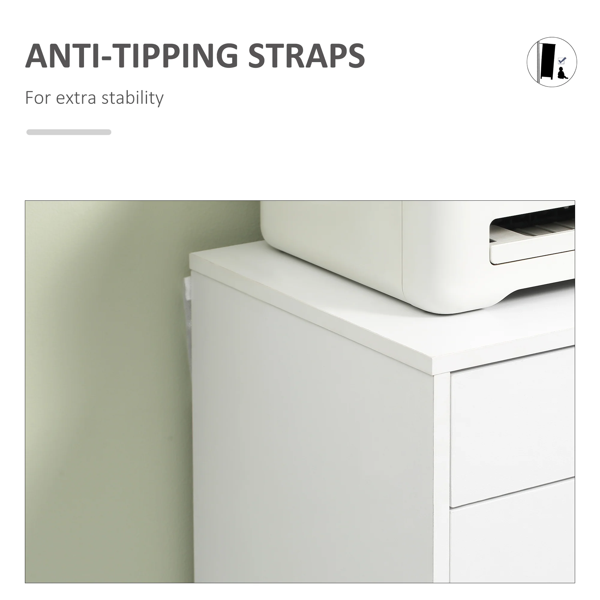 Vertikaler Aktenschrank mit 7 Schubladen. Mobiles Büromöbel mit Rollen. Weiß.