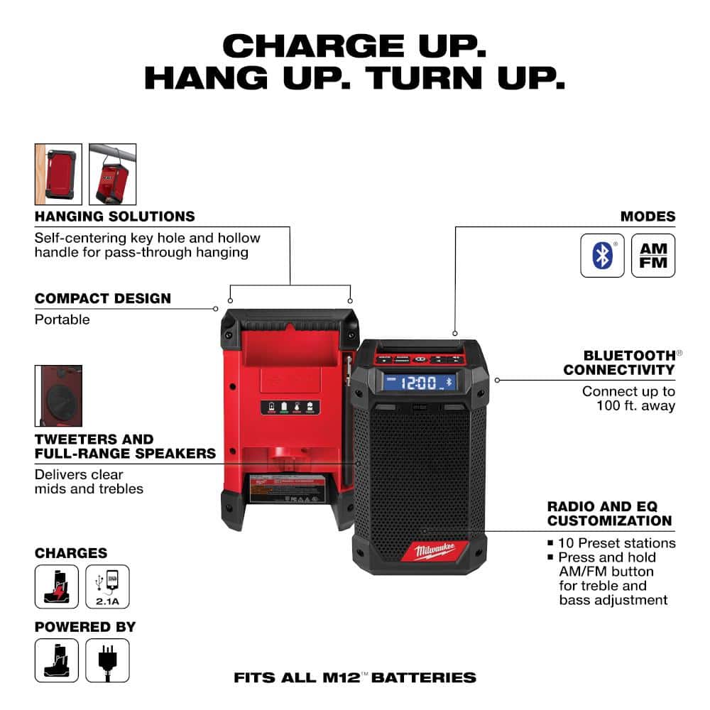 Milwaukee M12 12-Volt-Funk-Baustellenradio mit Bluetooth/AM/FM und Ladegerät 2951-20
