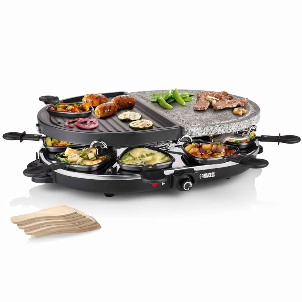 Raclette-Set mit Grillrost, ovalem Stein und 8 Pfannen, 1200 W, 162710 Princess