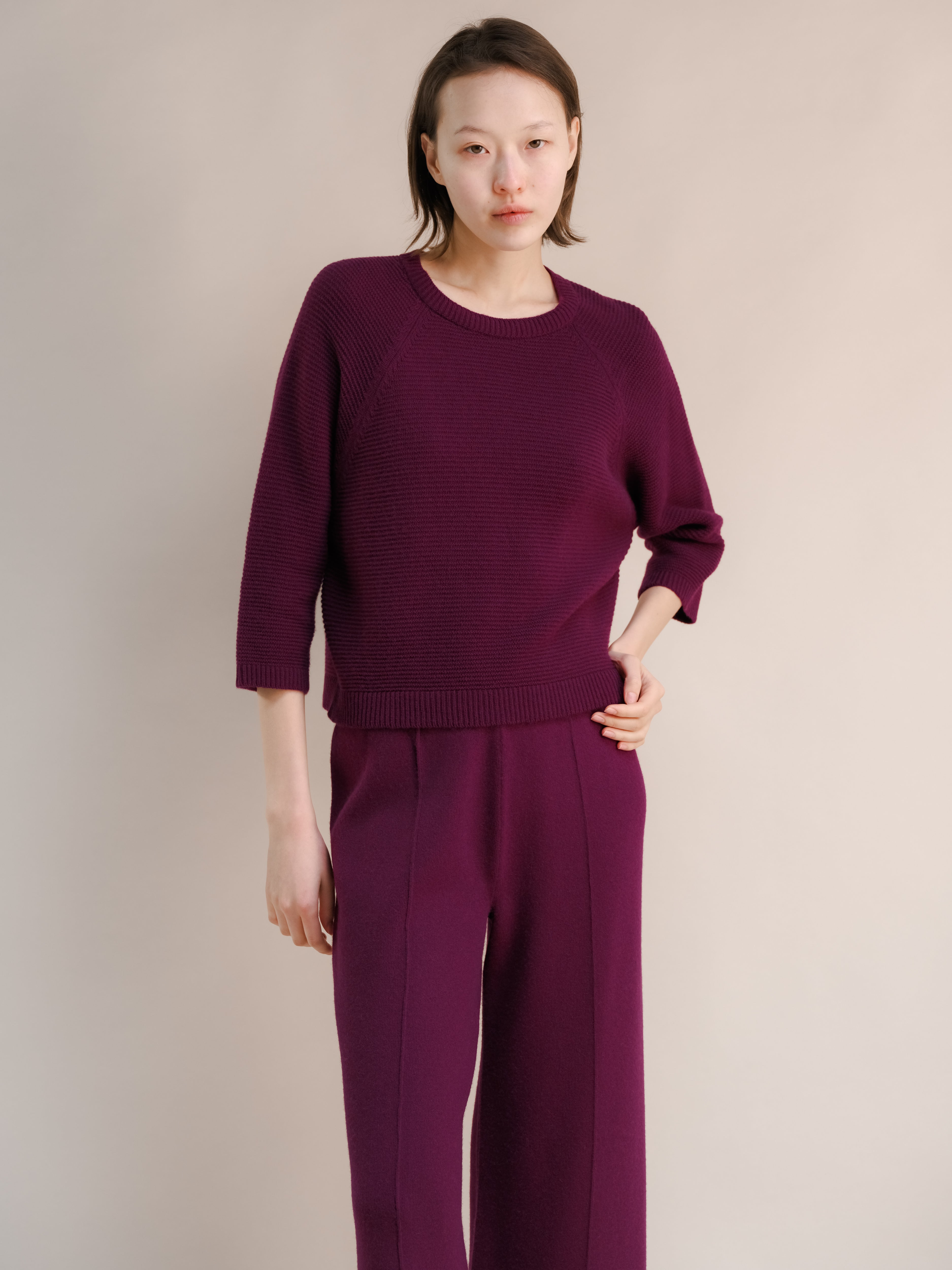 Cashmere Mix Cropped 3/4 Sleeve Pullover