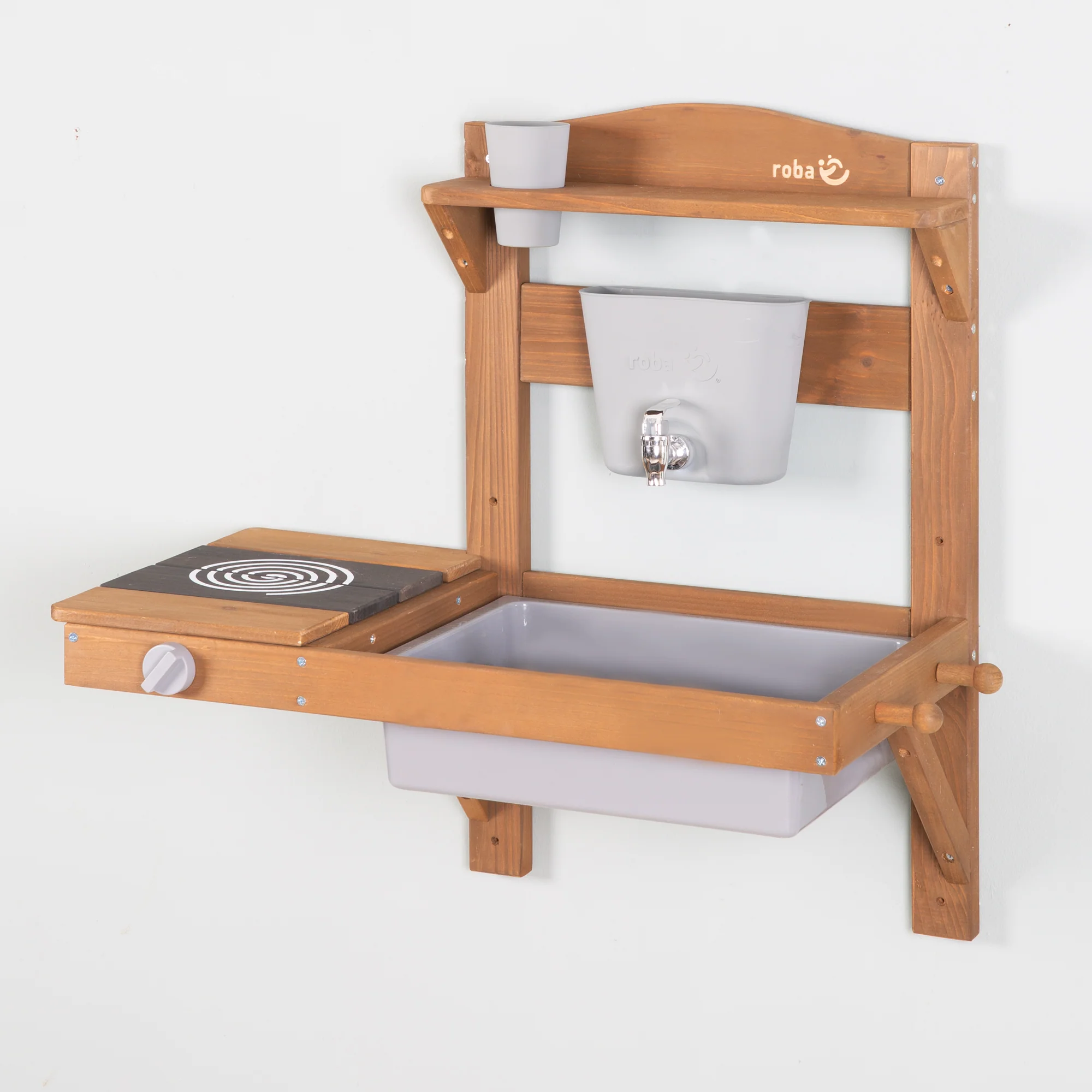 Spielküche für draußen mit Zubehör – FSC-zertifiziertes Holz – gravierte graue Oberfläche