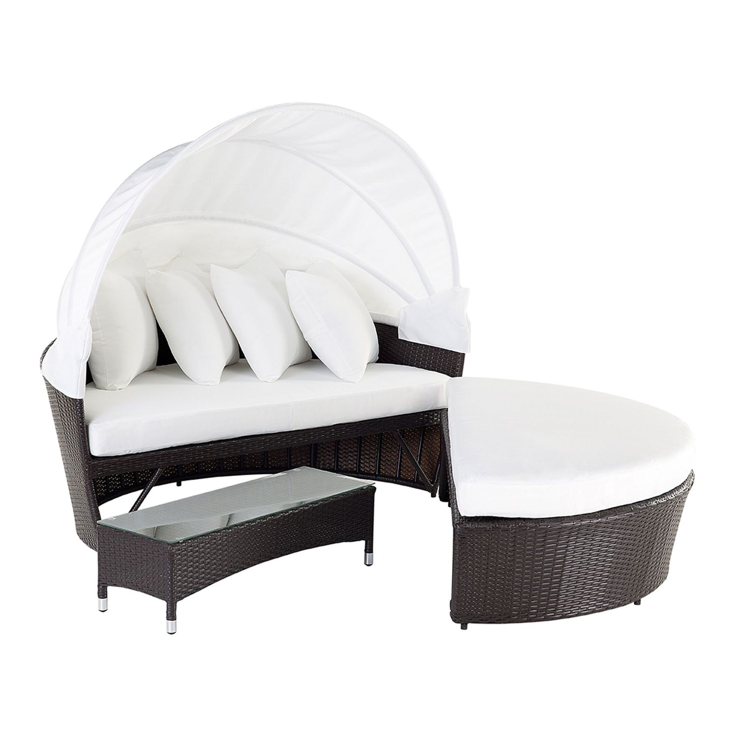 Lit de repos d'extérieur Sylt Lux en rotin, blanc, marron, coussins, table basse, chaise longue, auvent robuste, blanc