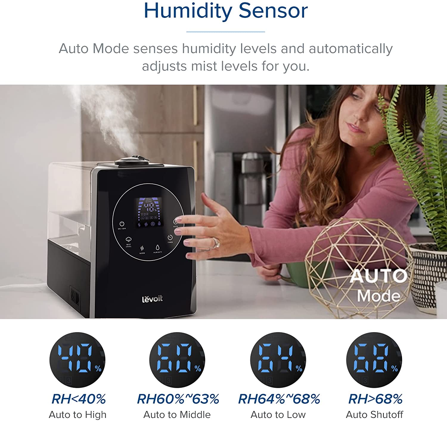 Humidificateurs LEVOIT pour chambres et grandes pièces, humidificateur à vapeur chaude et froide de 6 L pour maisons et plantes, avec capteur d'humidité intégré