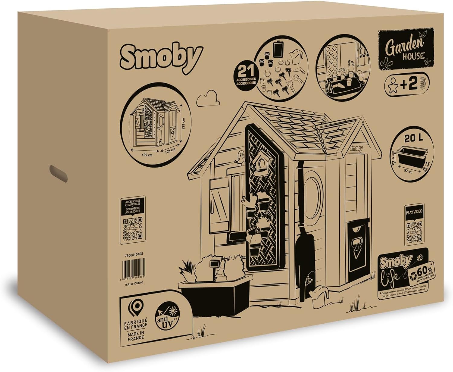 Smoby Life Gartenhaus – Kinder-Spielhaus zum Gärtnern – Inklusive Pflanzgefäß, Vogelfutterhaus, Werkzeug und Zubehör – UV-Schutz – Recyceltes Material – Ab 2 Jahren (7600810408)