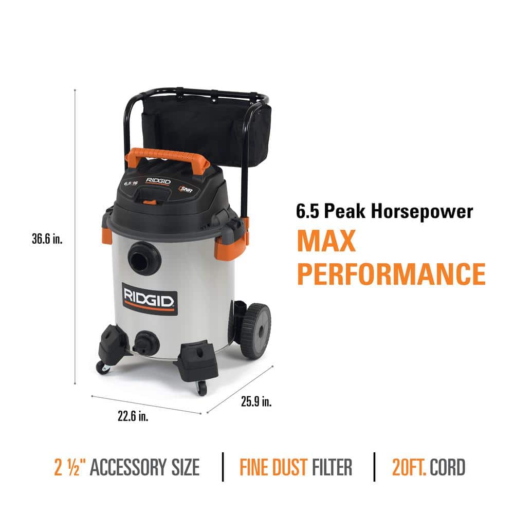 Aspirateur eau et poussière NXT 2025, 16 gallons (60 litres), 6,5 HP (puissance maximale), en acier inoxydable, avec filtre à poussière fine, tuyau verrouillable et accessoires WD1956