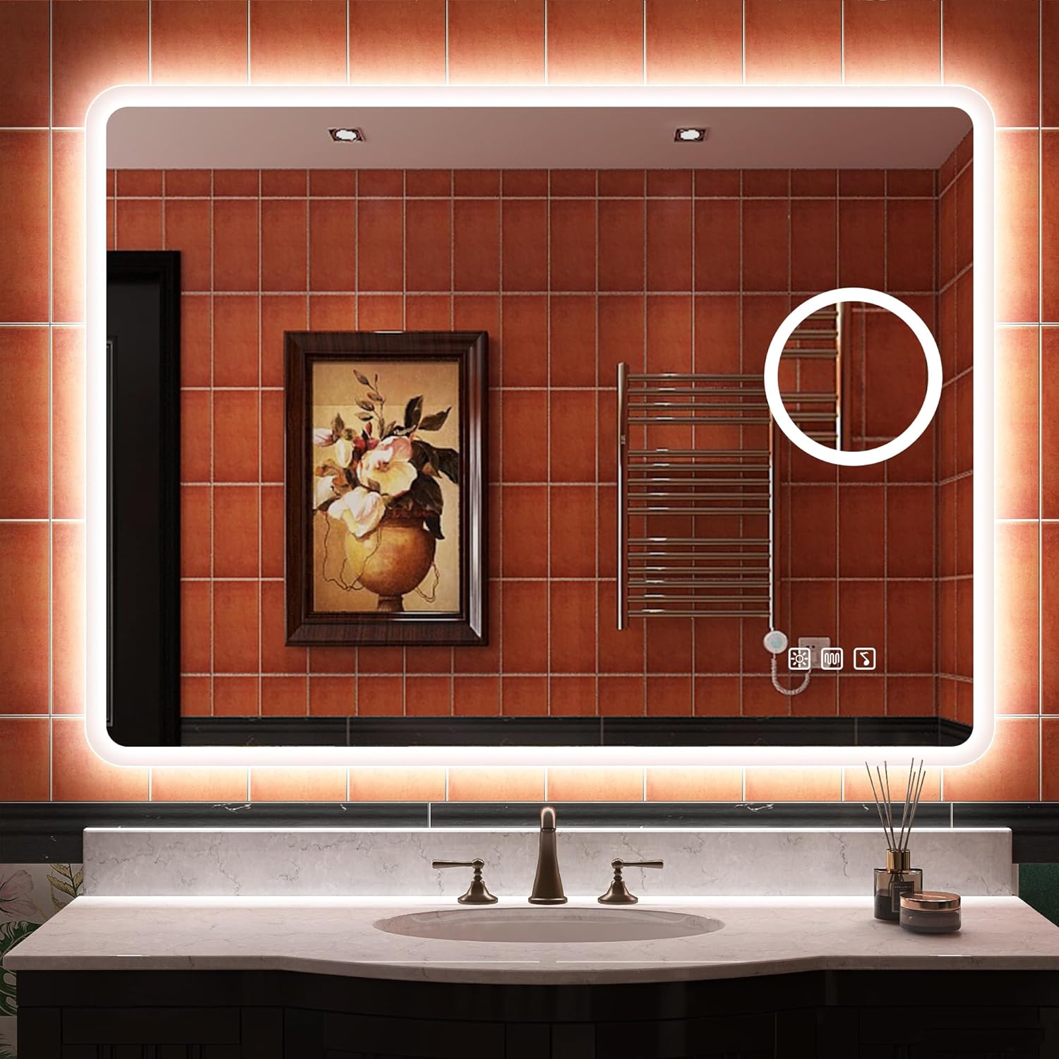 S'bagno badeværelsesspejl med lys 1200x700mm, IP44 - badeværelsesspejl med LED og Bluetooth, antidugfunktion / 3 lysfarver (3000K, 4000K, 6500K) / Dæmpbar / Memory, lodrette eller vandrette badeværelsesspejle med LED