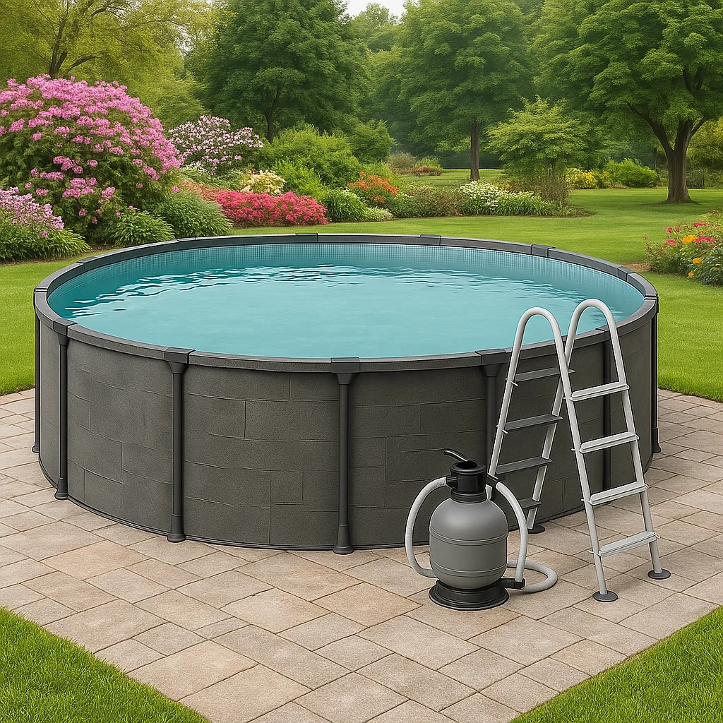 Piscine tubulaire ronde 448 x 105 cm, couleur grise, avec filtre et échelle dqHizmL291IH