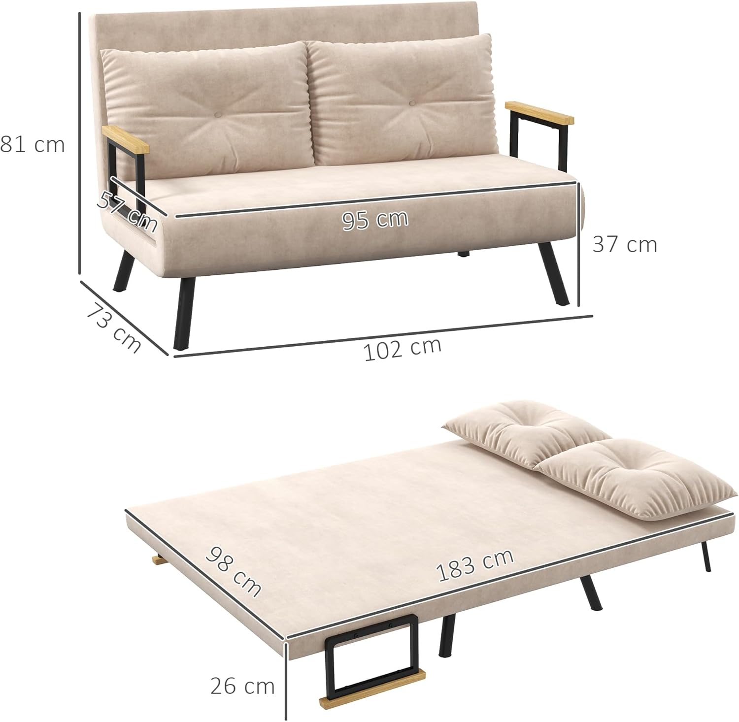 HOMCOM Schlafsofa, 2-Sitzer, Klappsofa, Samtbezug, 5-fach verstellbare Rückenlehne und gepolsterte Kissen, für Büro, Schlafzimmer, Wohnzimmer, 102 x 73 x 81 cm, Beige