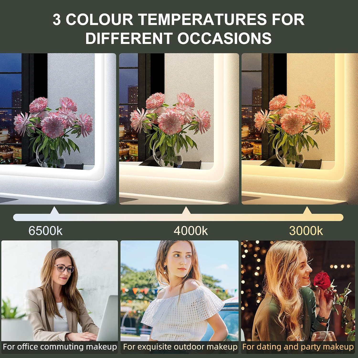 S'bagno badeværelsesspejl med lys 1200x700mm, IP44 - badeværelsesspejl med LED og Bluetooth, antidugfunktion / 3 lysfarver (3000K, 4000K, 6500K) / Dæmpbar / Memory, lodrette eller vandrette badeværelsesspejle med LED