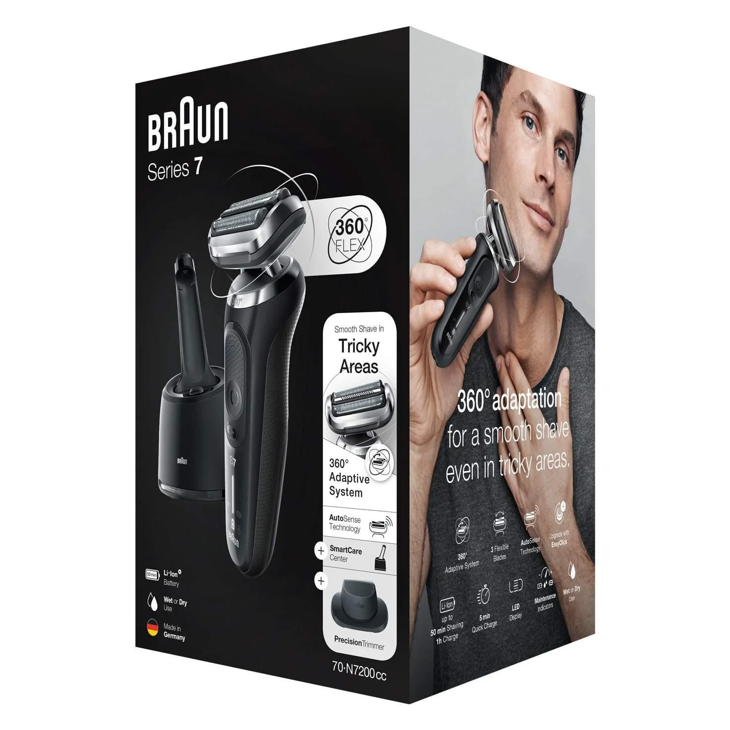 2025 Braun Series 7 Herrebarbermaskine 70-N7200cc Våd- og tørbarbering med SmartCare Center – Sort