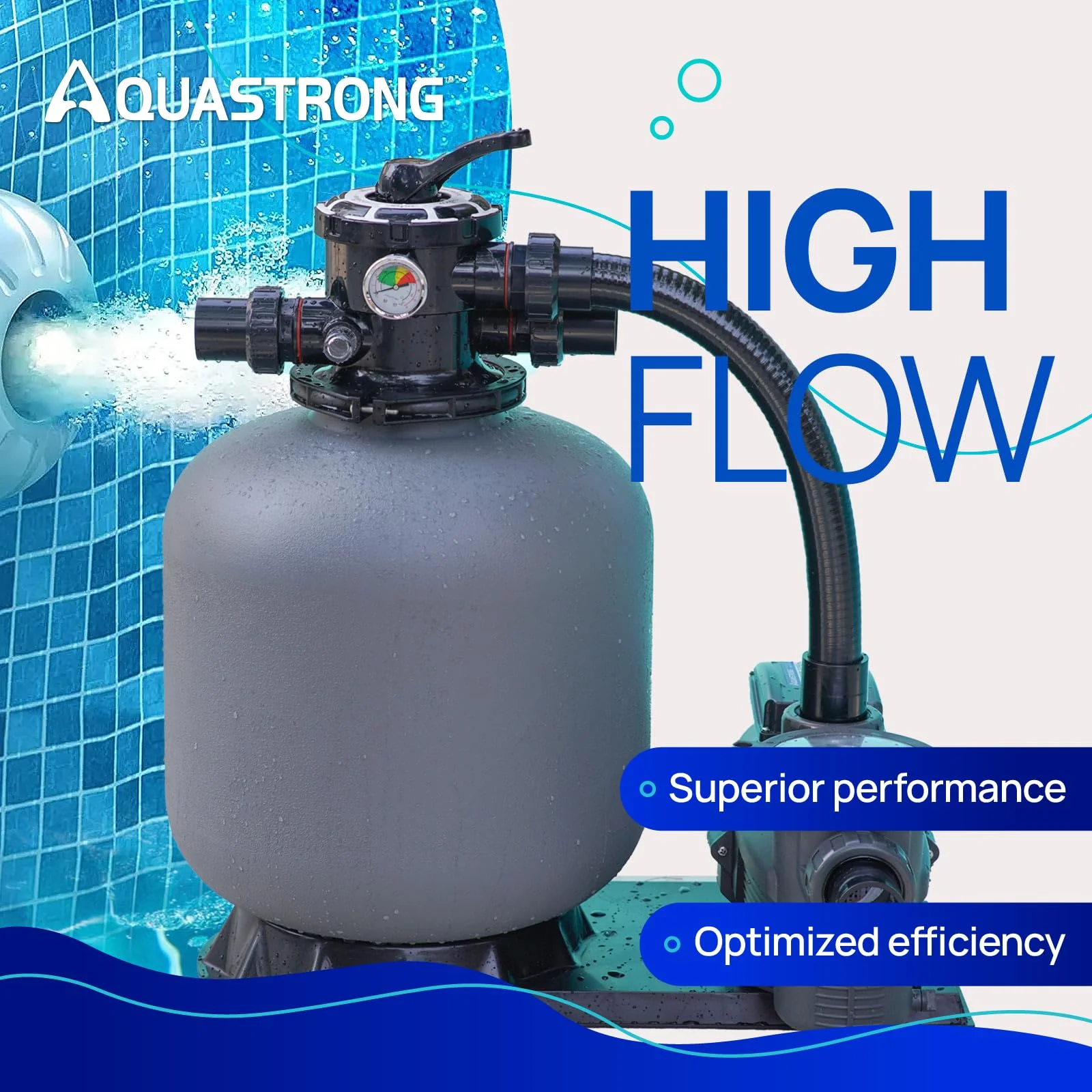 Pompes à filtre à sable 2025, 115 V. Puissance : 0,5 à 3 CV. Diamètre : 30 à 50 cm. Débit jusqu’à 33 400 l/h pour piscines jusqu’à 144 000 litres. Avec vanne à 6 voies.