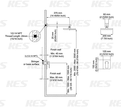KES Schwarze Duscharmatur mit Duschventil und Regenduschkopf