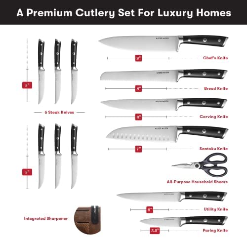 Hochwertiges 19-teiliges Küchenmesserset mit Holzblock | Master Maison Besteckset aus deutschem Edelstahl mit Messerschärfer und 8 Steakmessern