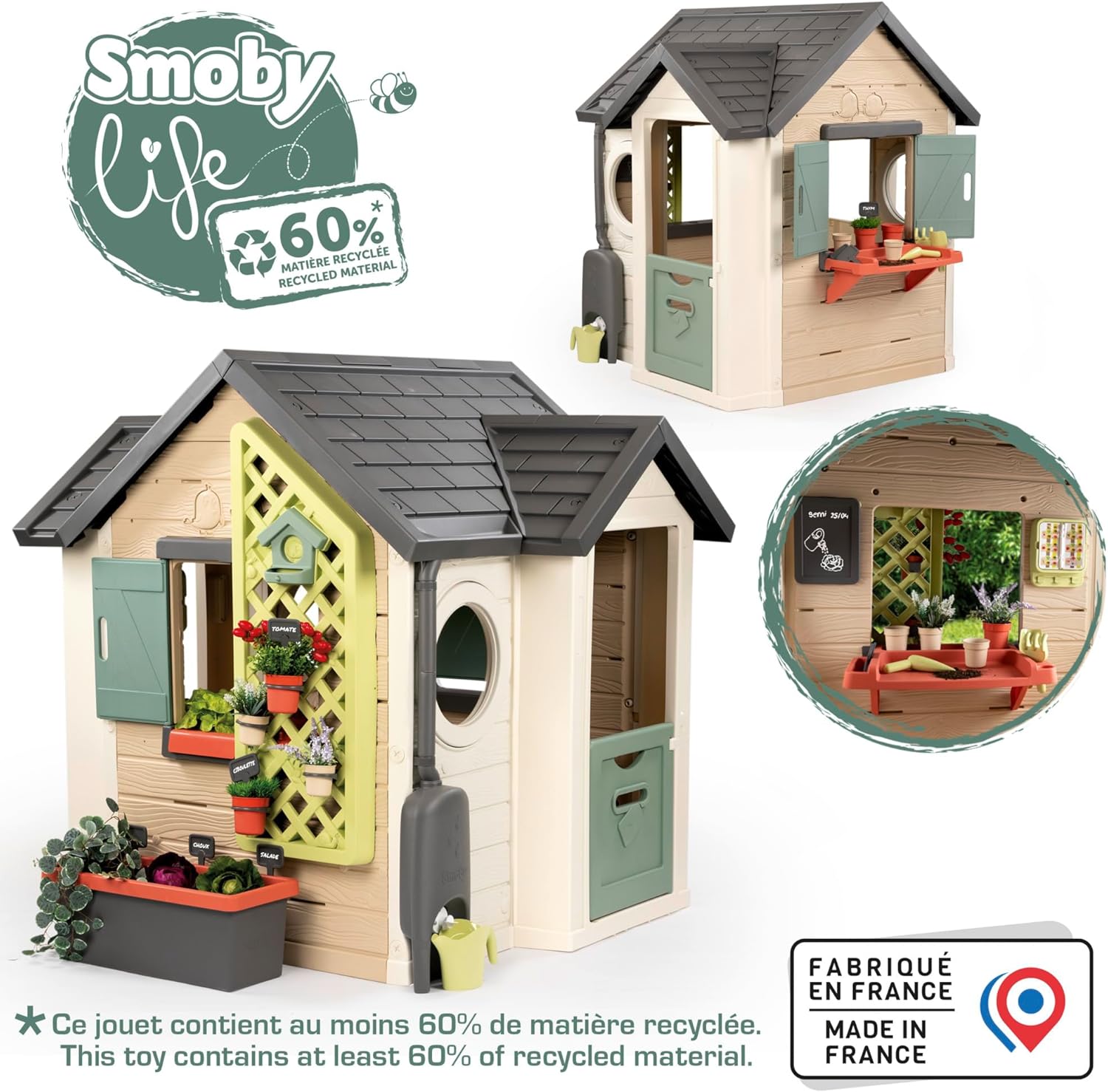 Smoby Life Gartenhaus – Kinder-Spielhaus zum Gärtnern – Inklusive Pflanzgefäß, Vogelfutterhaus, Werkzeug und Zubehör – UV-Schutz – Recyceltes Material – Ab 2 Jahren (7600810408)