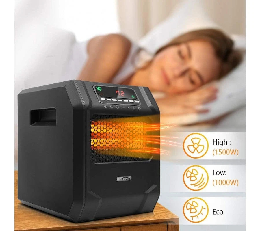 LIFE SMART Infrarot-Heizstrahler mit 6 Quarzheizelementen, LED-Digitalanzeige, Schnellheizfunktion mit Fernbedienung und Timer, Thermostatsystem mit Kipp- und Überhitzungsschutz für Zuhause