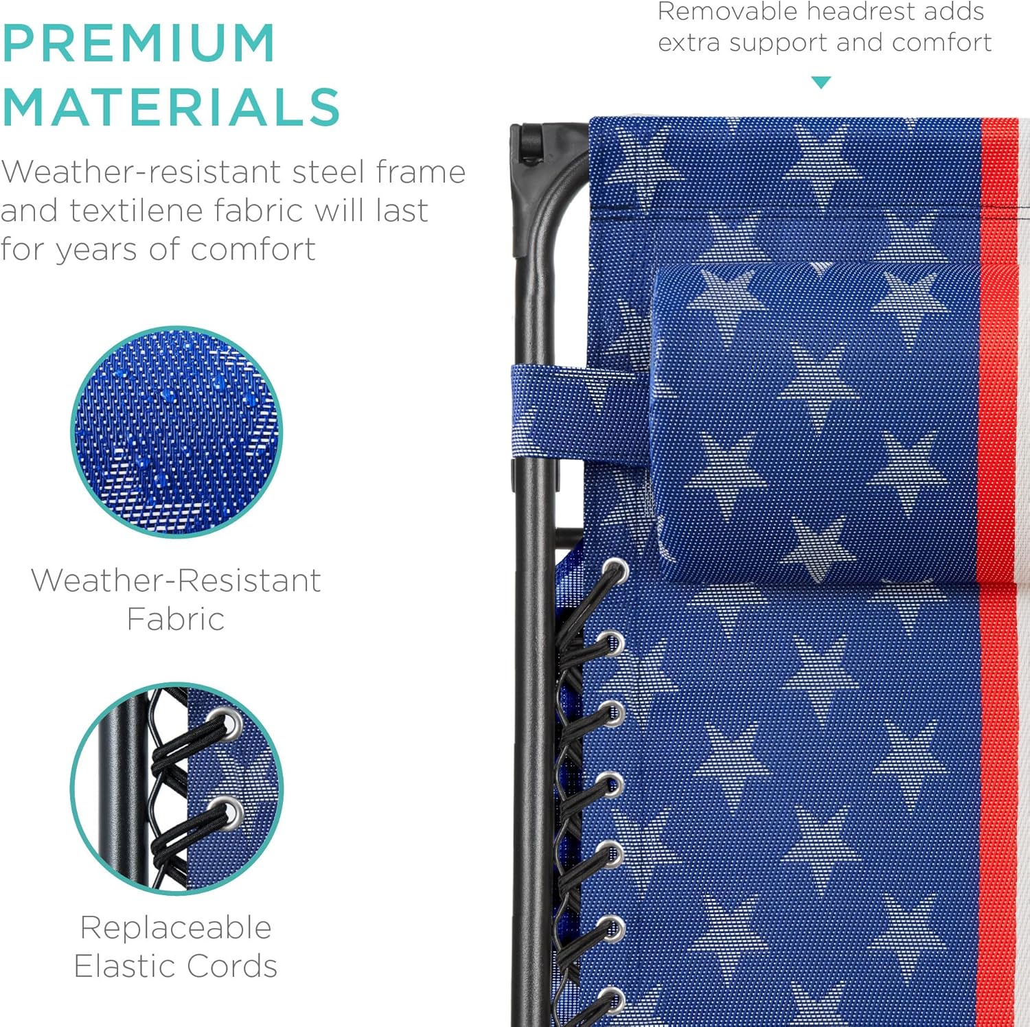 Bedste valg – Zero Gravity-lænestol til terrassen. Justerbar og foldbar udendørsstol med baldakin, nakkepude og sidebakke. Textilene – Påfugleblå