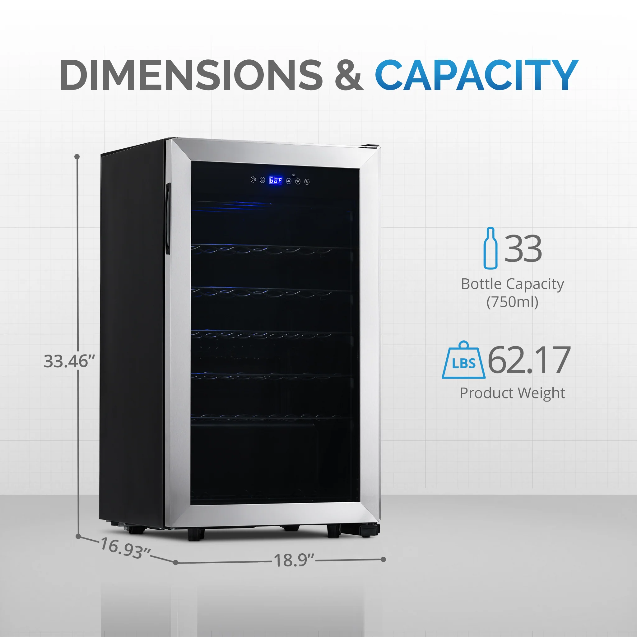 2025 Newair® Fritstående vinkøleskab i rustfrit stål – 33 flasker – 18,9