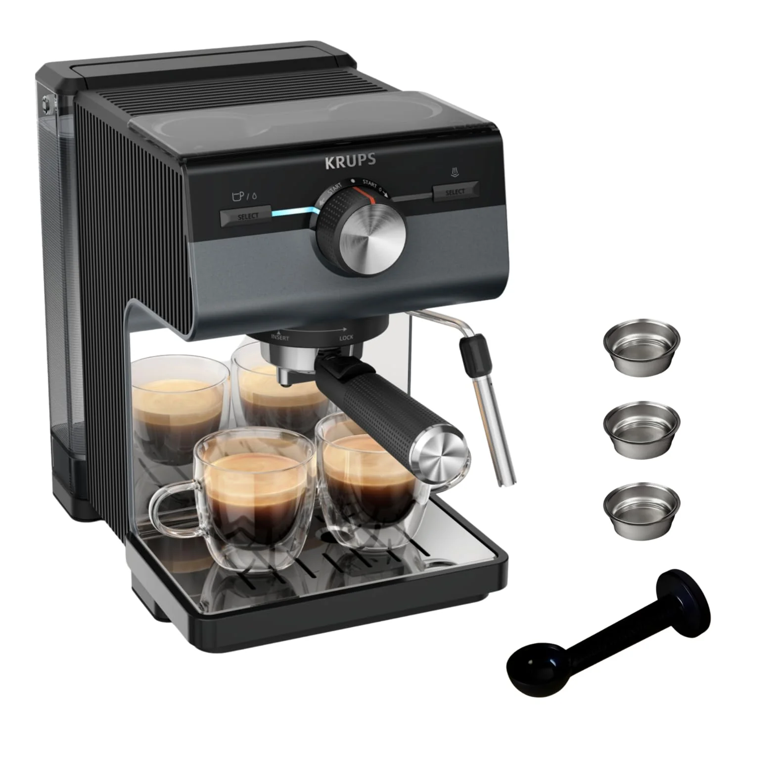 Machine à expresso Krups Virtuoso Essential - 15 bars. Acier inoxydable noir. Design compact et élégant. Arrêt automatique. Expresso et cappuccino. Thermobloc. Buse vapeur. Doseur inclus. XP4418