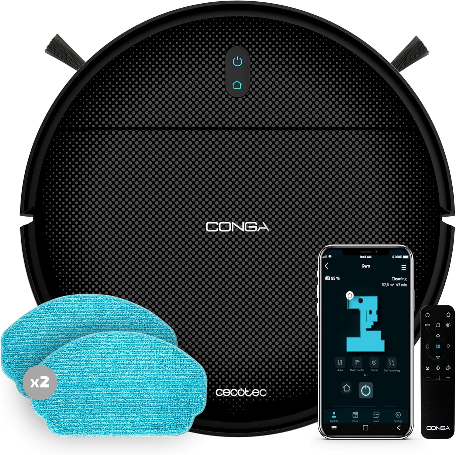 Aspirateur robot Cecotec Conga 999 Map X-Treme avec navigation gyroscopique. Moteur d'aspiration 2000 Pa, 2 brosses latérales, 2 serpillères, autonomie de 120 minutes, application et télécommande.