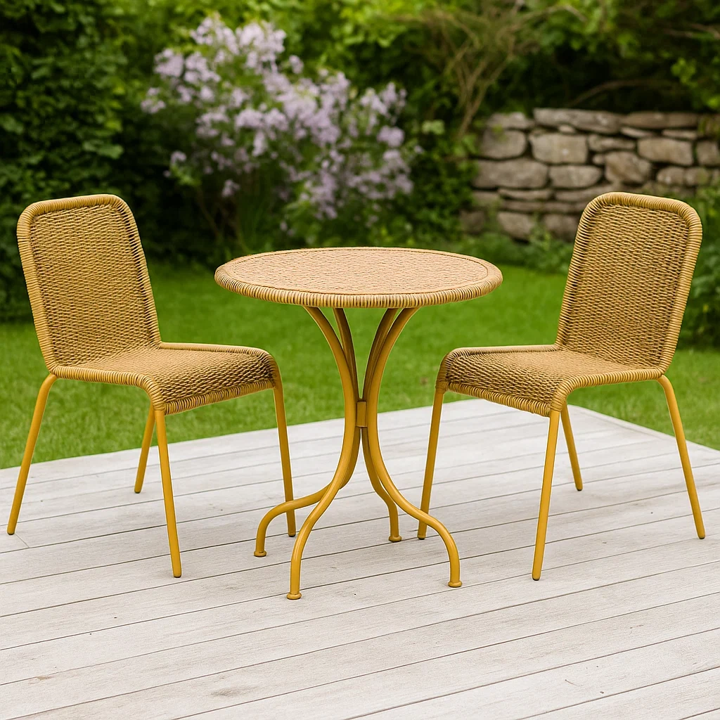 Ensemble de jardin composé de 2 chaises et 1 table, en acier et rotin synthétique, couleur jaune, pour usage extérieur. Dimensions : table 60 x 75 cm, chaises 50 x 50 x 85 cm. - 0n5CIIVtRMMH