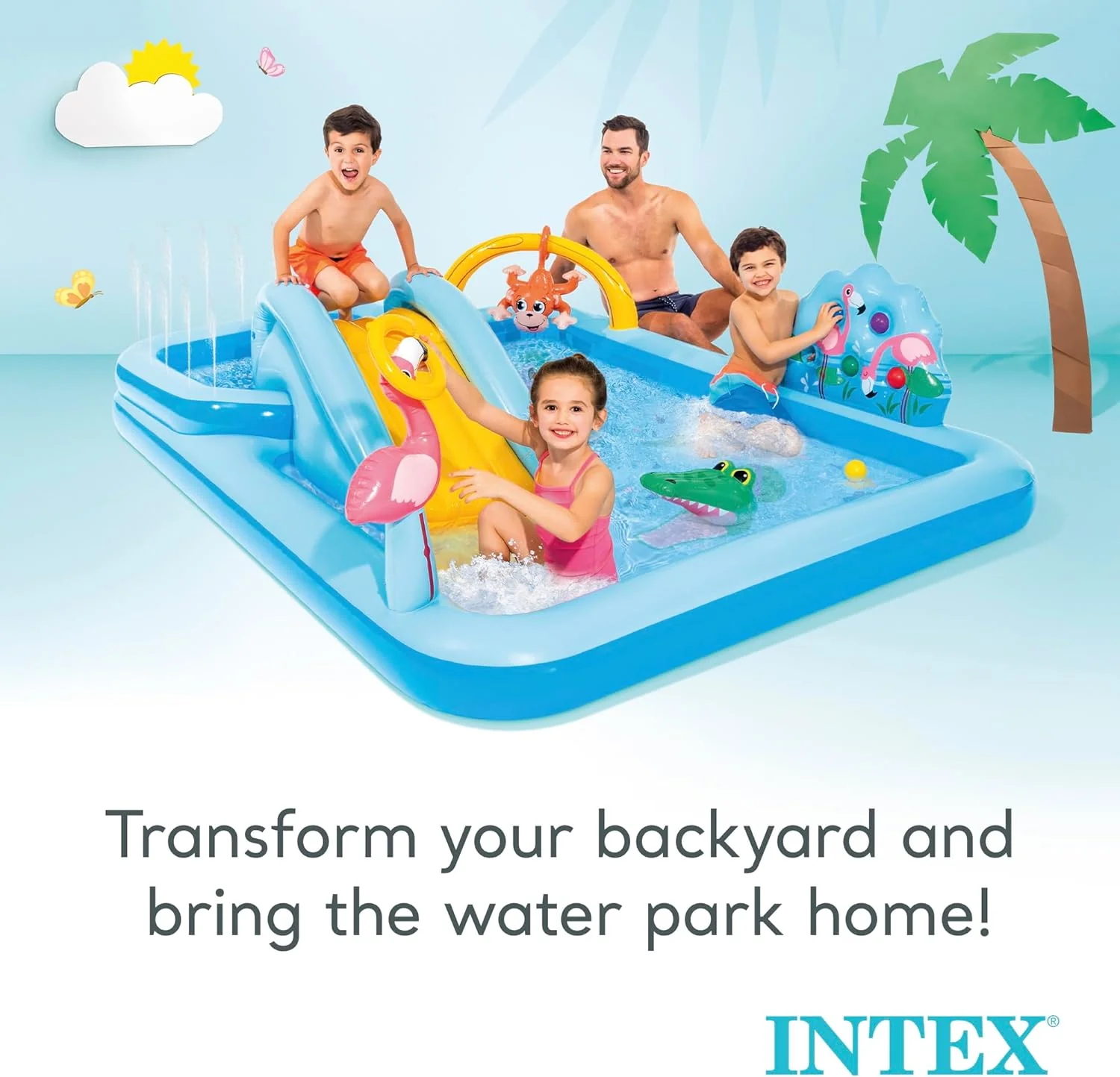 Intex Jungle Adventure Oppusteligt Legeområde – Pool med Rutsjebane og Vandlege til Børn