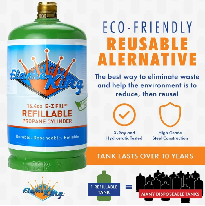 Flame King 1 lb genopfyldelig propangasflaske med genopfyldningssæt