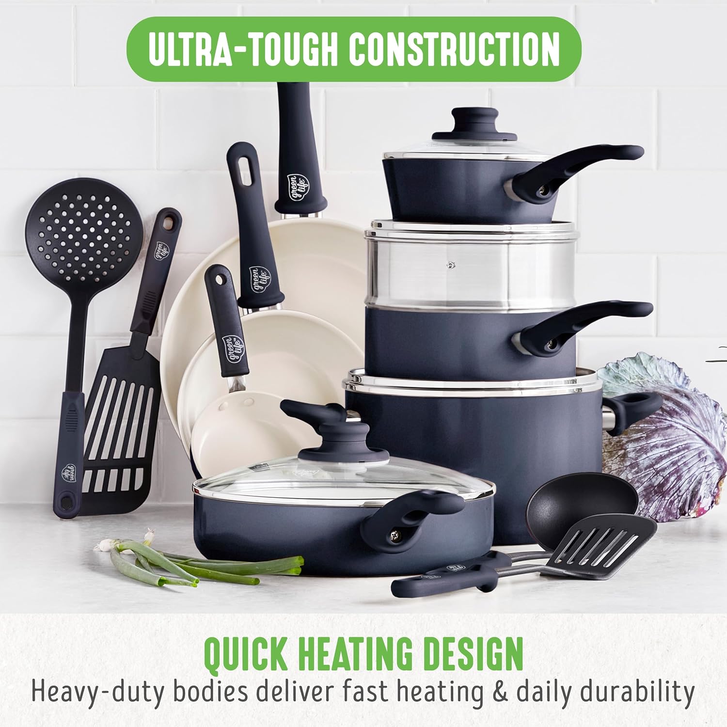 GreenLife Soft Grip 16-teiliges Antihaft-Keramik-Kochgeschirr-Set, bestehend aus Bratpfanne, Stielkasserolle und Topf, PFAS-frei, spülmaschinenfest, ofenfest, türkis