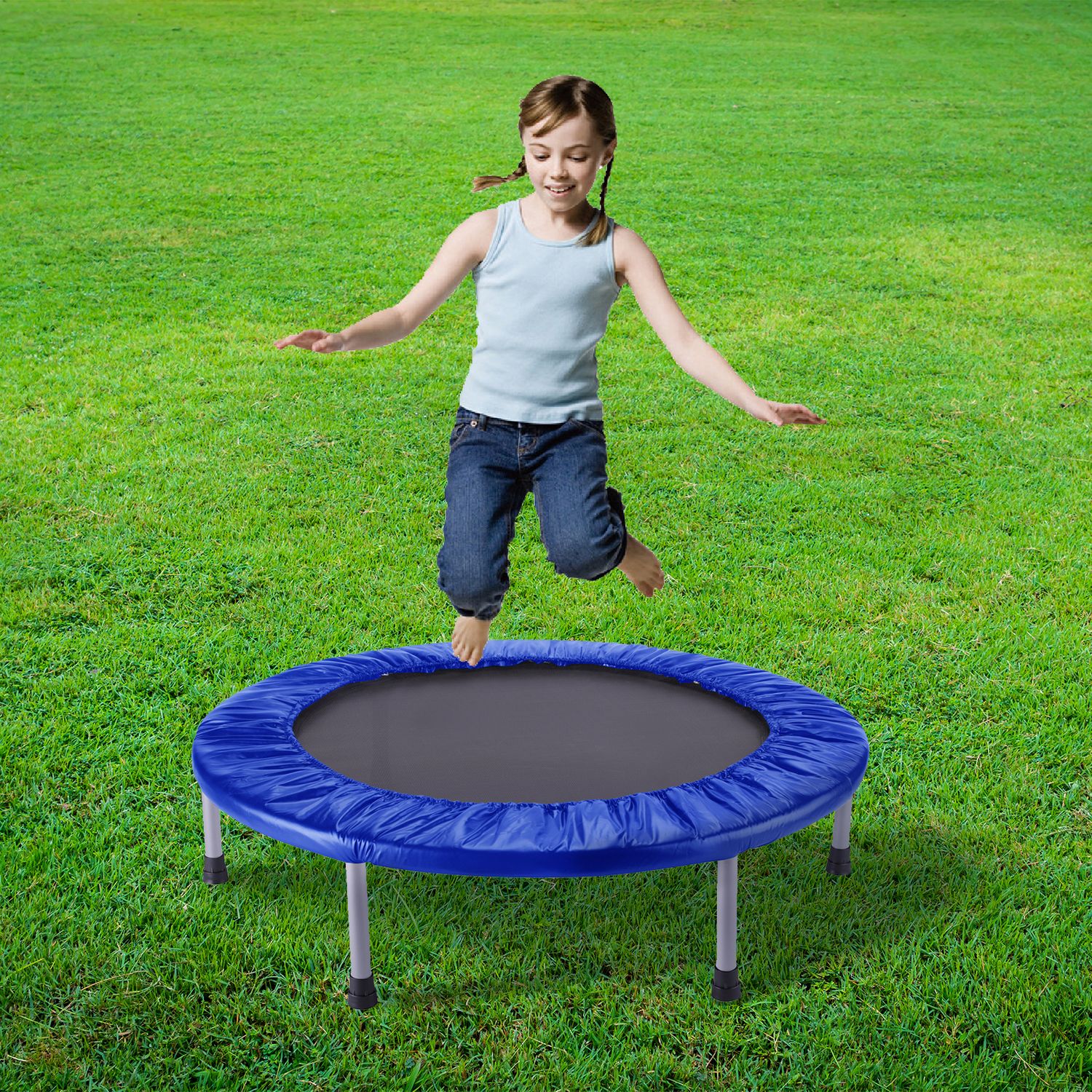 Elastisk Trampolinseng Udendørs Legetøj Fitness Blå Ø102x22,5 Cm