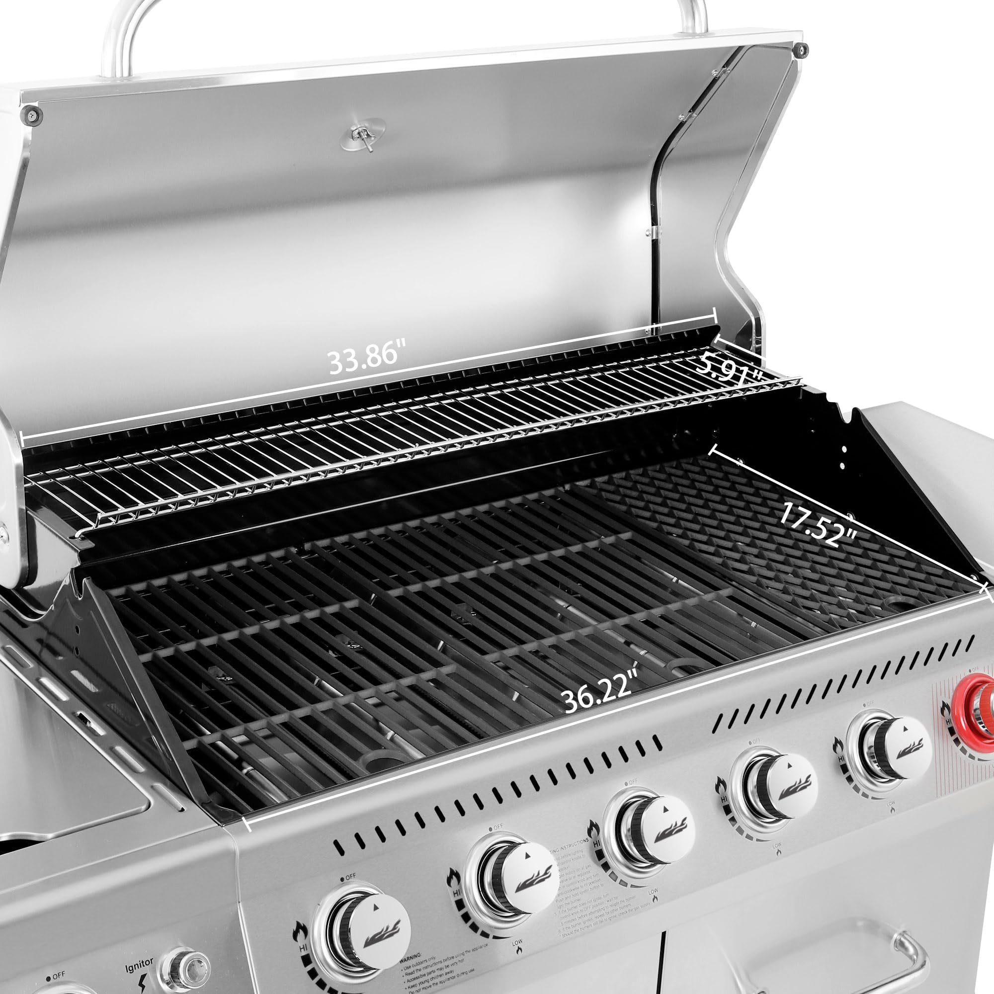 2025 Royal Gourmet GA6402S gasgrill i rustfrit stål. Premier propangrill med 6 brændere, searbrænder og sidebrænder. 74.000 BTU. Skabsstil. Udendørs grill. Sølv.