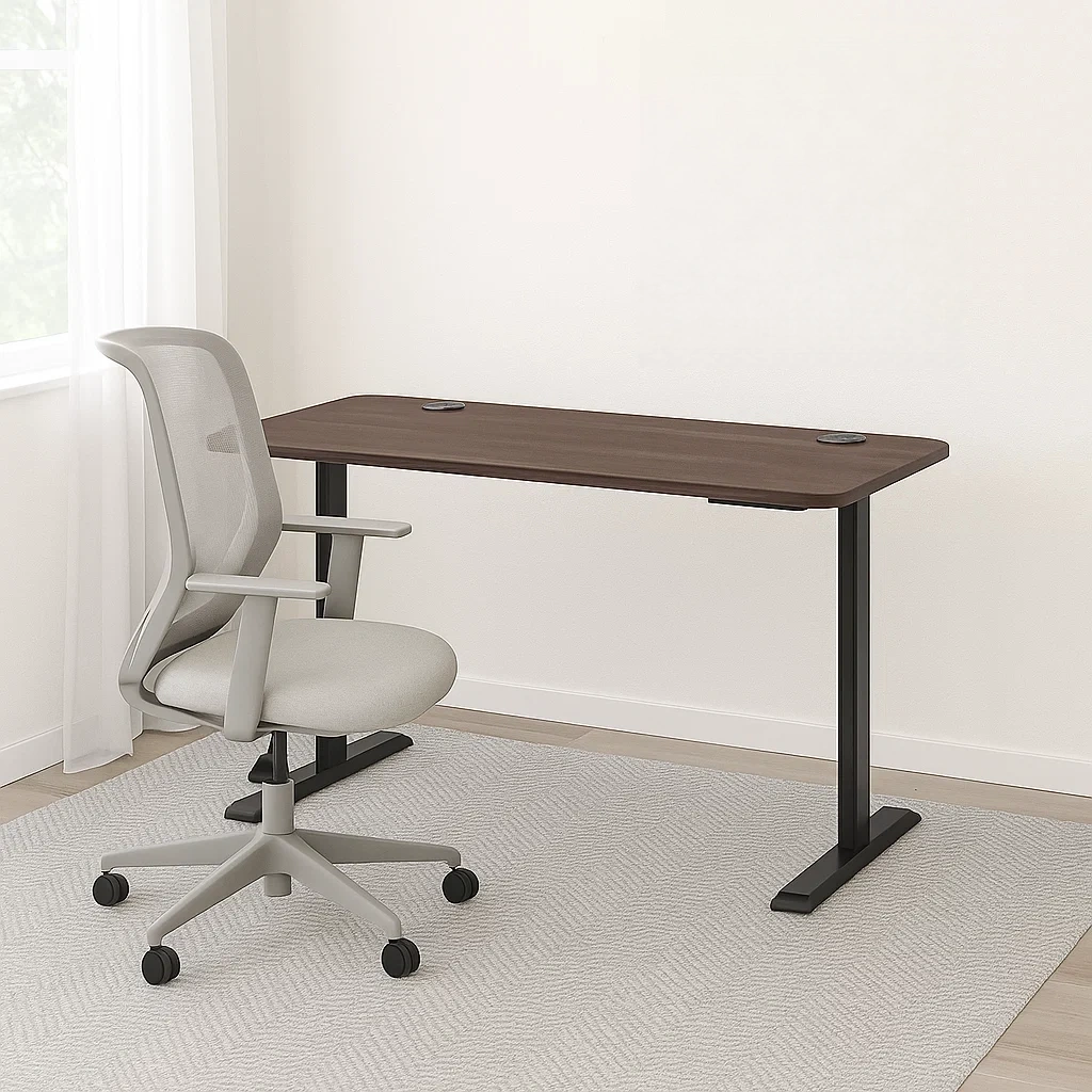 Bureau d'ordinateur en bois marron avec chaise ergonomique à roulettes, 120 x 60 x 75 cm - bPpTJ9ryDnpy