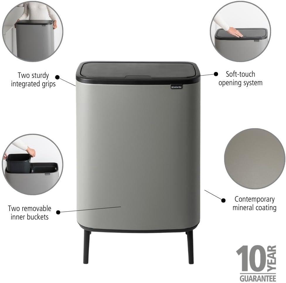 Brabantia Bo Hi Touch Ein-Knopf-Öffnungsmechanismus, 2 x 30-Liter-Abfalleimer mit Füßen, weiß