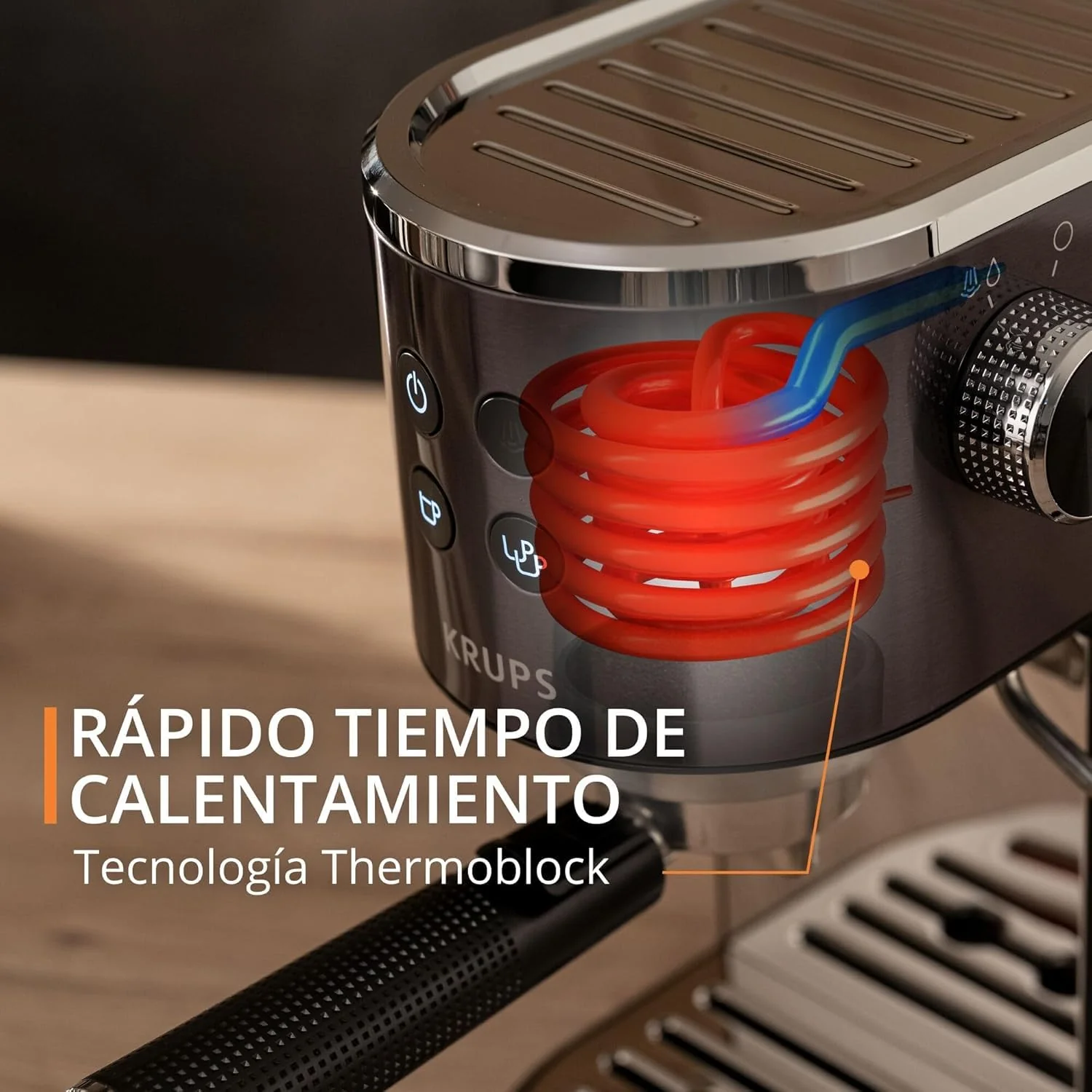 Machine à expresso Krups Virtuoso Essential - 15 bars. Acier inoxydable noir. Design compact et élégant. Arrêt automatique. Expresso et cappuccino. Thermobloc. Buse vapeur. Doseur inclus. XP4418