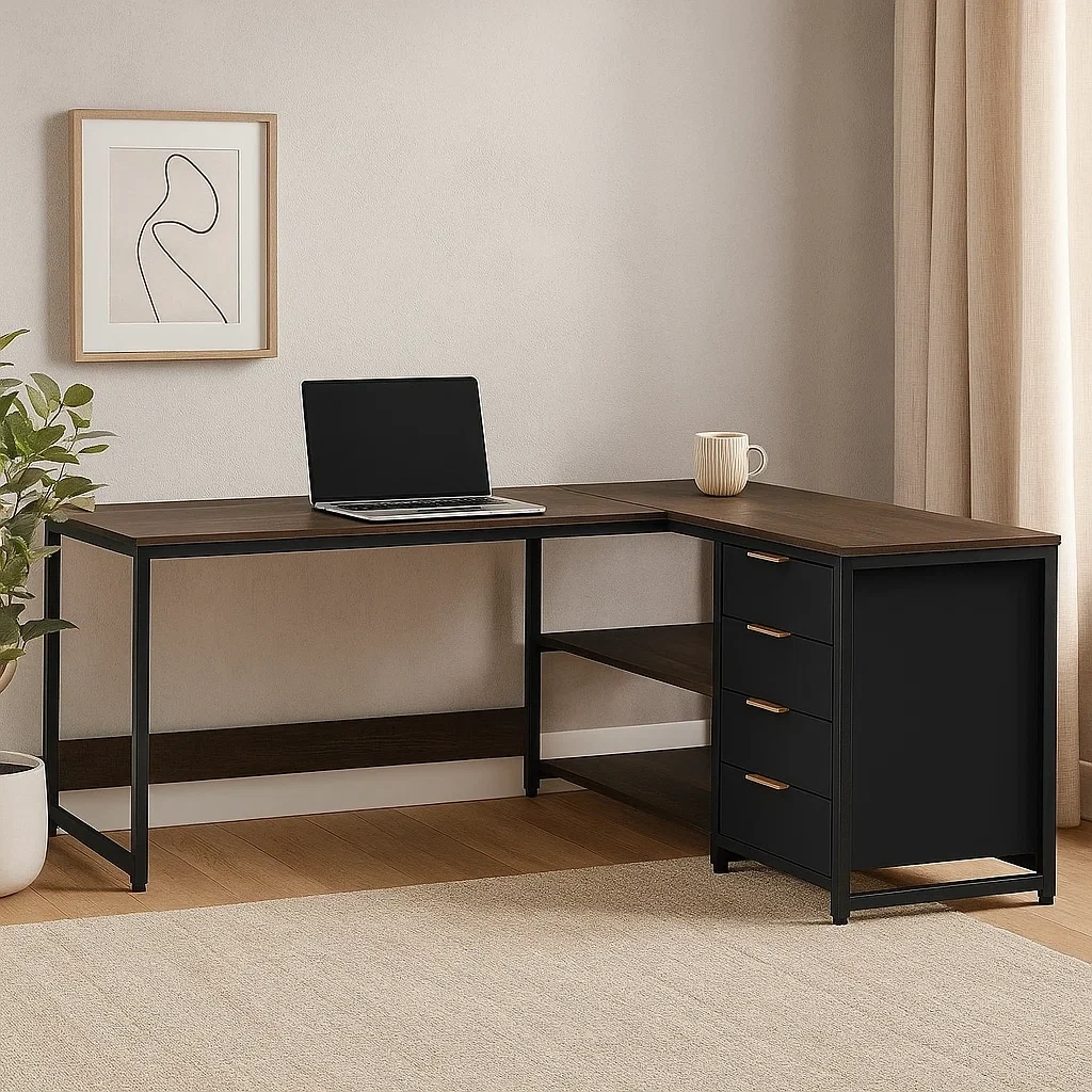 Bureau d'ordinateur en L avec 4 tiroirs et étagères, 150 x 120 x 75 cm, marron et noir - RQZTGTq305VC